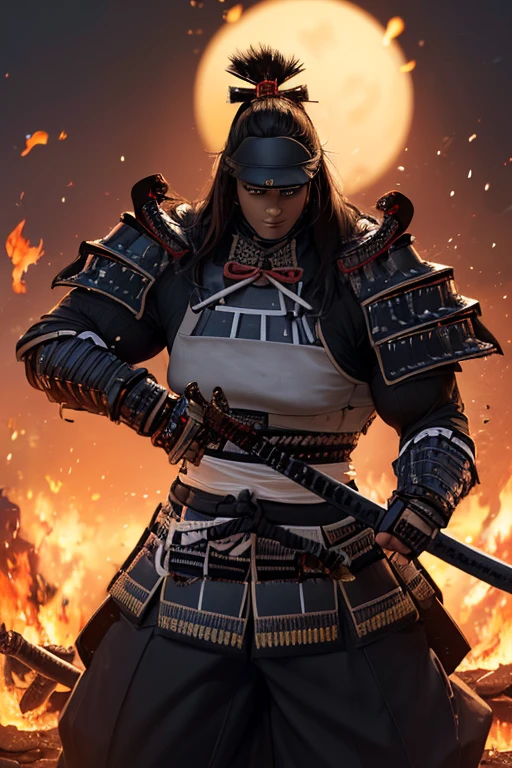 ((((Massive, tall, beautiful, buff, muscular light brown skinned female samurai with black hair, black lipstick, ginormous bulky muscles, holding a black fire sword and wearing an all black samurai armor with pants)))), {close view}, black eyeliner, massive muscles, large breast, massive biceps, hyper muscle triceps, (long straight hair), orange eyes, samurai boots, In a battlefield, sleeveless, steel samurai armor, nighttime, confident smile, hyper muscles arms, hyper muscle legs, ginormous arms