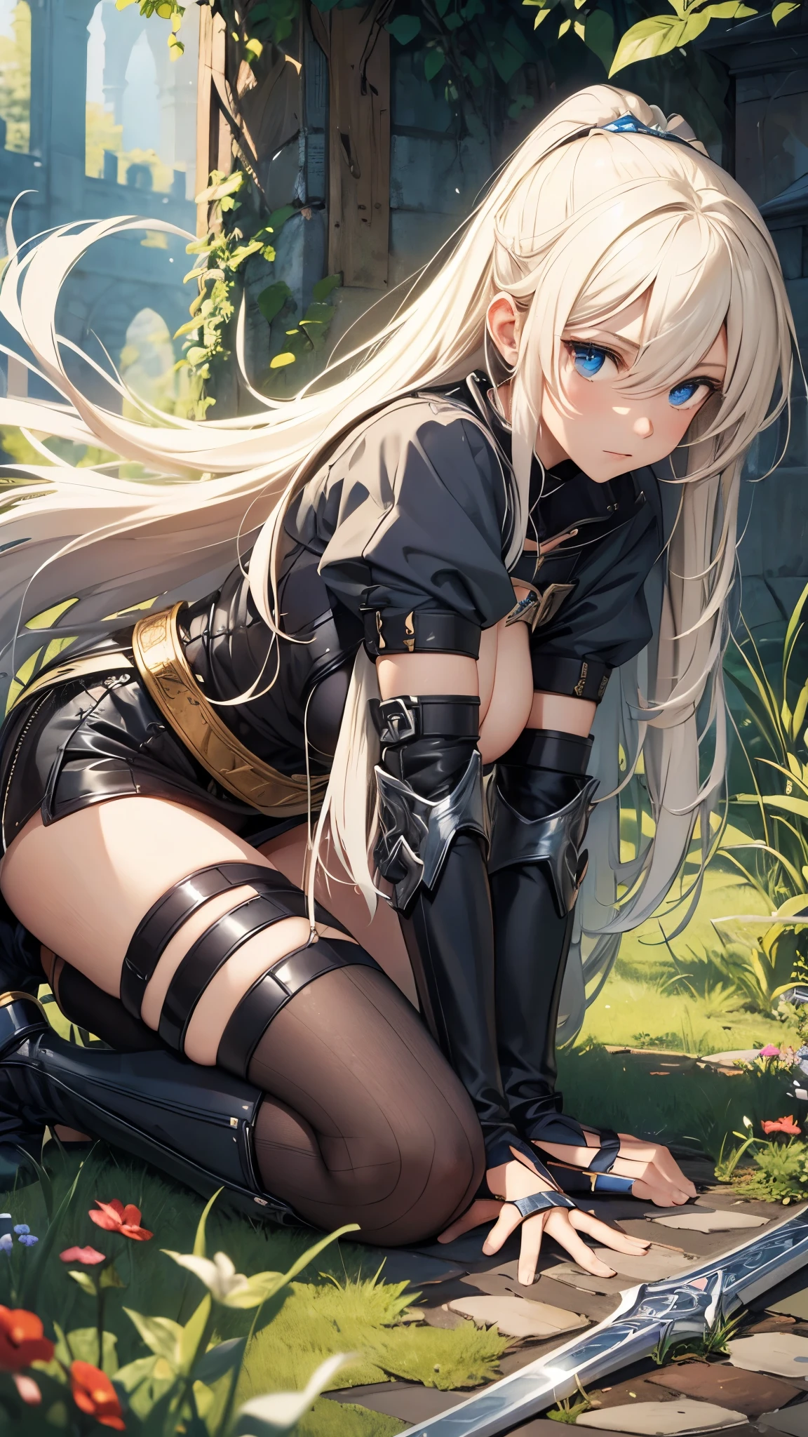 Outside the castle1 30-year-old female、Blonde long hair、Knight Commander,messy style,bra top,spandex,raced-up-long-boots,(holding sword、Claymore Great Sword),