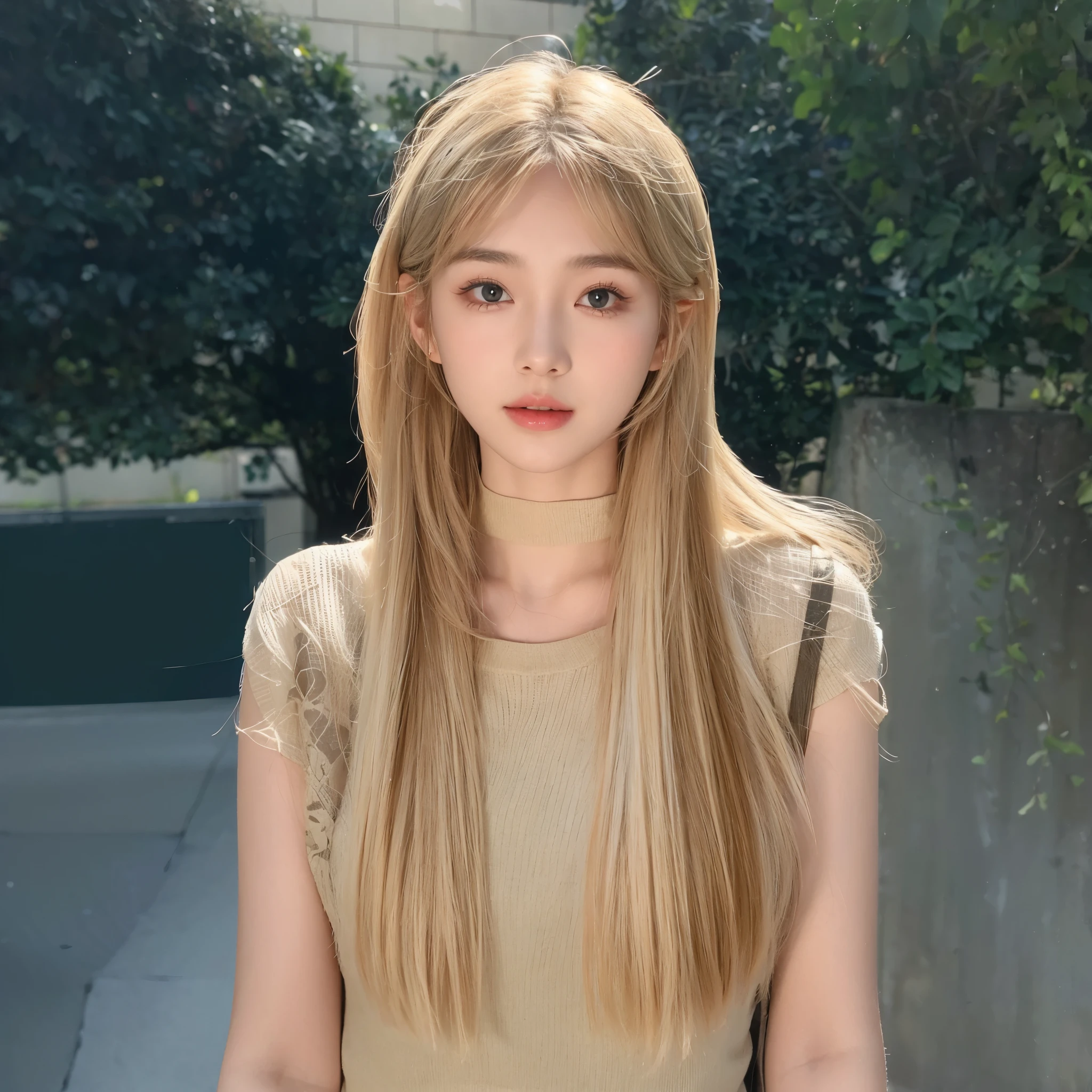 Middle-parted bangs，Long straight blond hair，Natural and beautiful hair，The background is simple, clean and beautiful