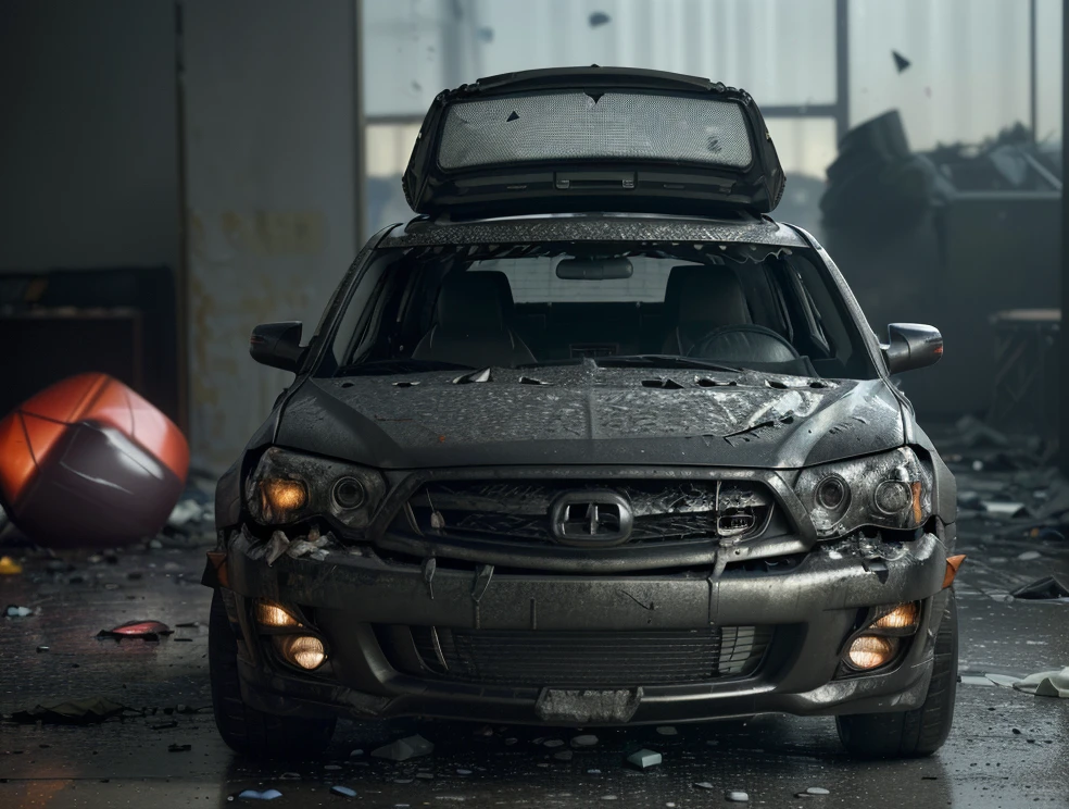 a destroyed car, crumpled and deformed body, shattered windows, deflated tires, scattered debris, inflated airbags, flashing emergency lights, somber atmosphere, (best quality,4k,8k,highres,masterpiece:1.2),ultra-detailed,(realistic,photorealistic,photo-realistic:1.37),HDR,UHD,studio lighting,ultra-fine painting,sharp focus,physically-based rendering,extreme detail description,professional,vivid colors,bokeh,detailed car accident scene,moody lighting,gloomy tone,cinematic composition