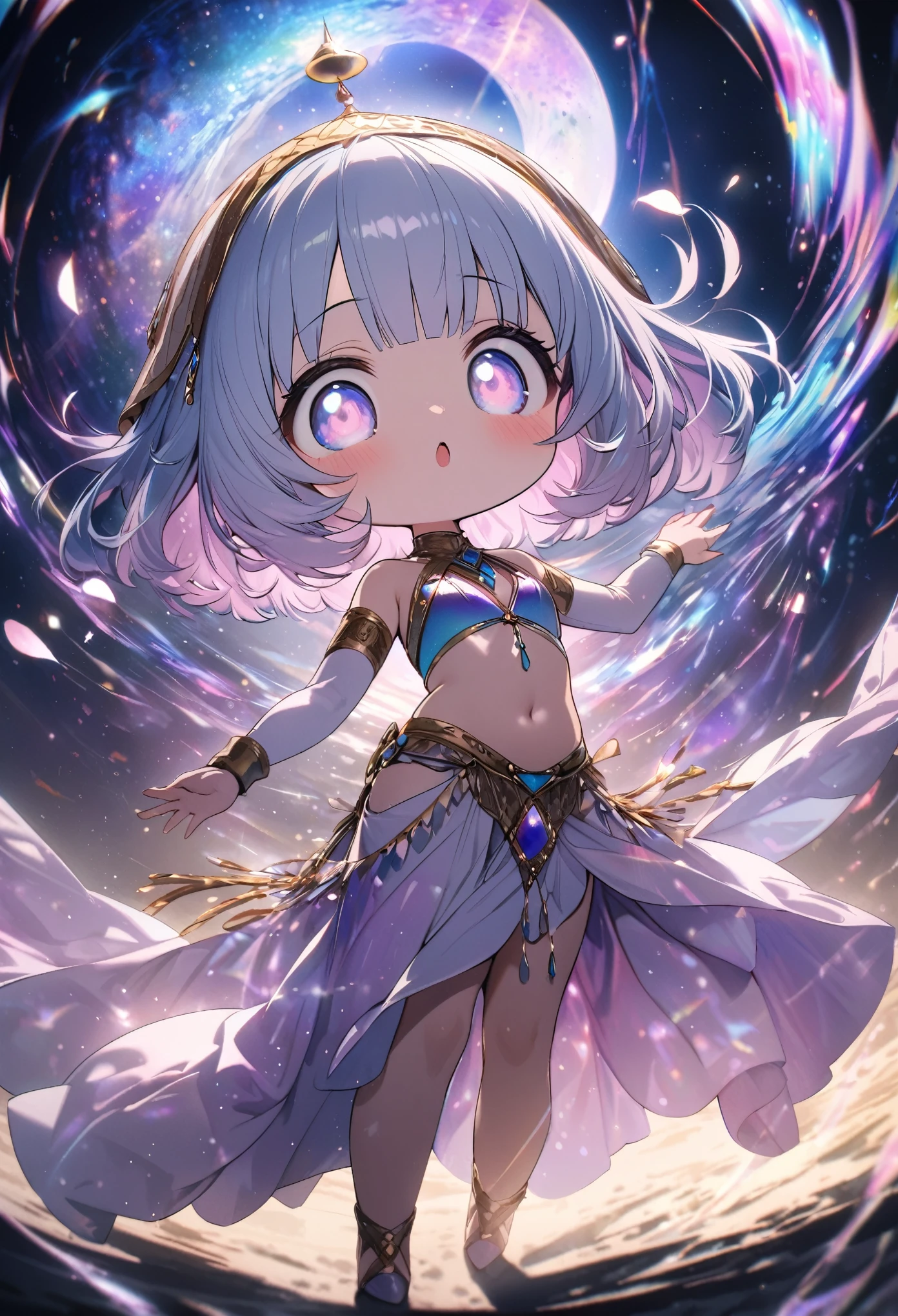 best quality, super fine, 16k, incredibly absurdres, extremely detailed, delicate and dynamic, cute chibi girl, big round red detailed eyes, light blue messy bob cut hair, wearing arabian dance costumes, iridescent petals fluttering down, iridescent light effects, iridescent pastel color light effects, ominous purple aura swirls effects, background on the moon, galaxy
