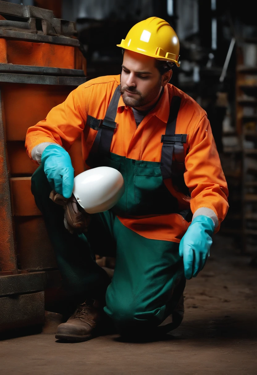 Tired worker with protective gloves 
