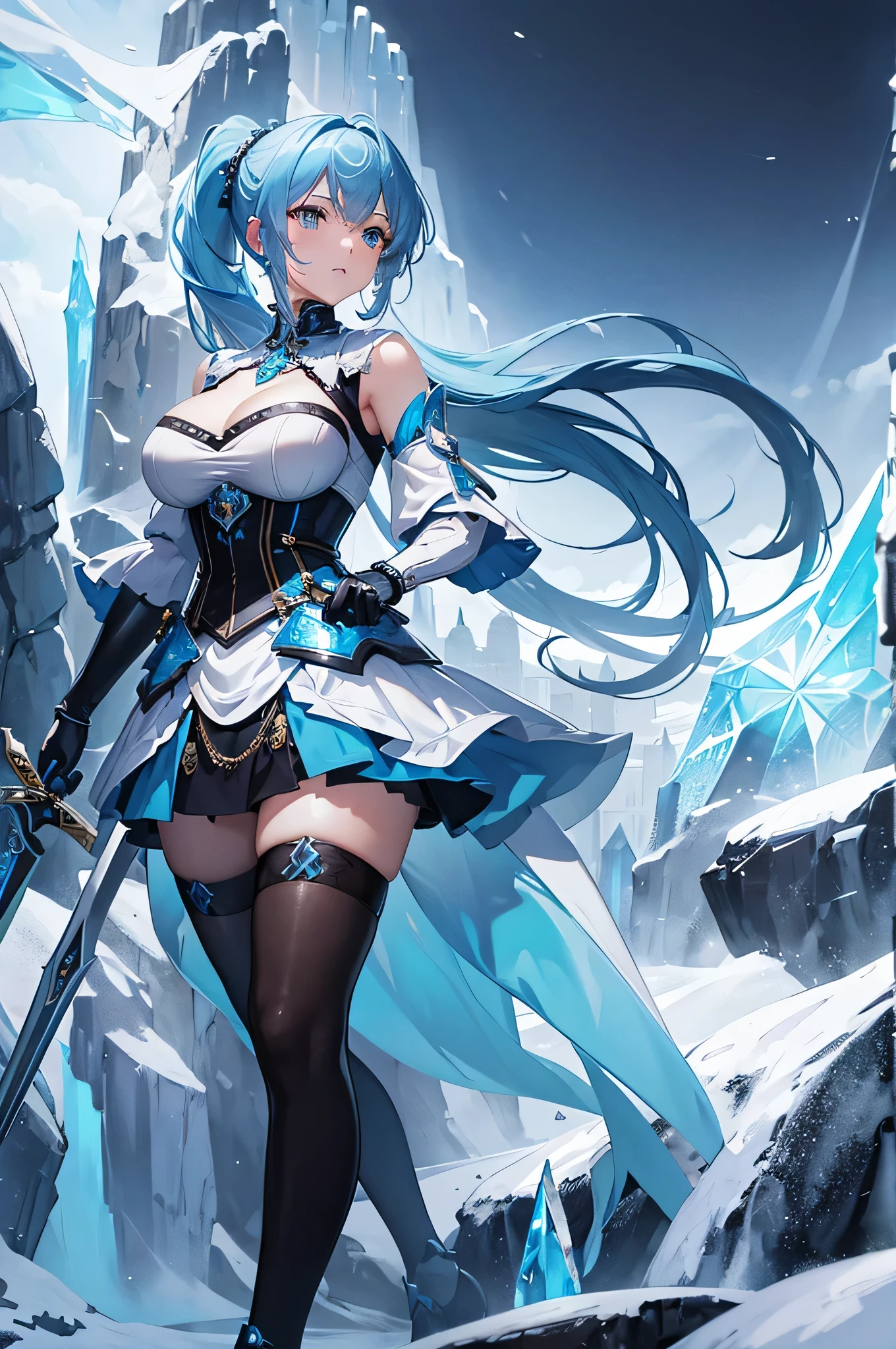 4k,High resolution,One Woman,Light blue hair,Short Ponytail,Big Breasts,knight,Ice Crystal Armor,Ice Crystal Dress,knight's shoes,Black tights,Jewelry decoration,Long sword,Medieval castle town