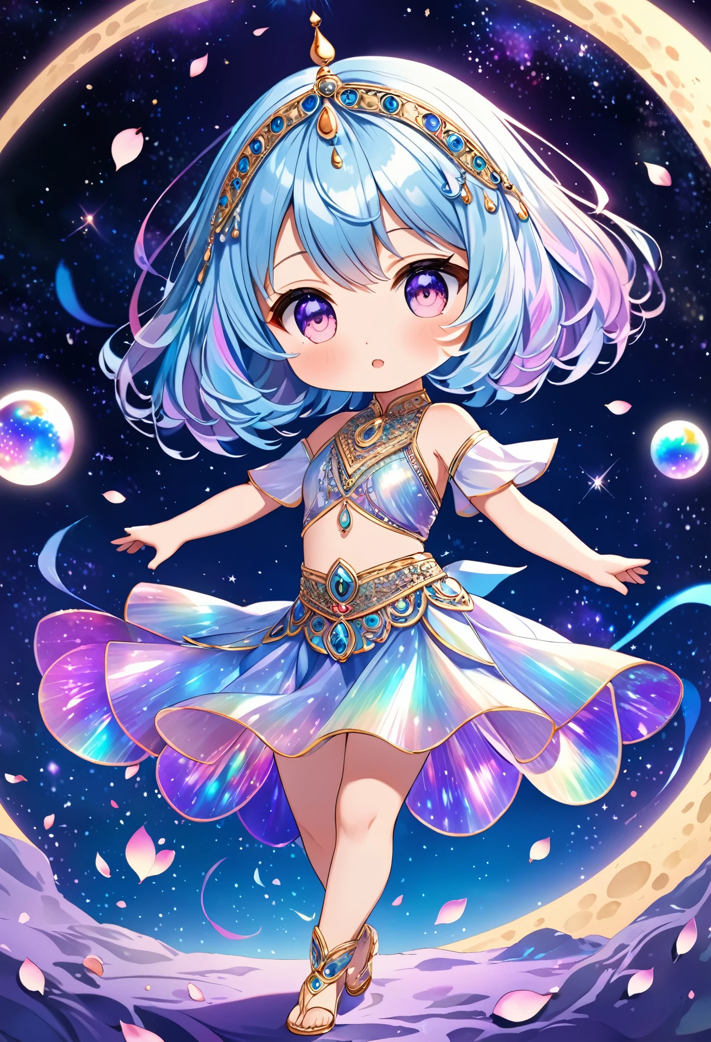best quality, super fine, 16k, incredibly absurdres, extremely detailed, delicate and dynamic, cute chibi girl, big round red detailed eyes, light blue messy bob cut hair, wearing arabian dance costumes, iridescent petals fluttering down, iridescent light effects, iridescent pastel color light effects, ominous purple aura swirls effects, background on the moon, galaxy