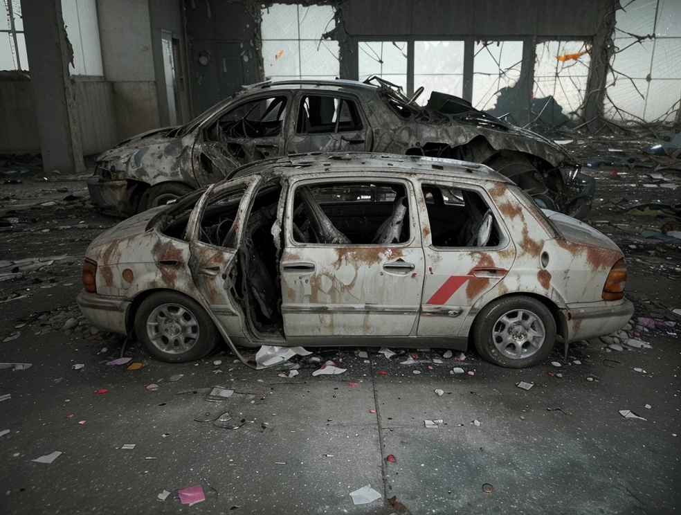 Na imagem, we see a completely destroyed car, suas linhas antes elegantes agora retorcidas e desfiguradas. The body is crushed and dented, as if she had been subjected to a devastating force. The windows are shattered into thousands of shining fragments, scattered on the ground around the vehicle. The tires are deflated and torn, pendendo precariamente dos aros contorcidos. Metal and plastic debris is scattered around the site, highlighting the violence of the impact. The windshield is shattered, revealing the bleak view inside the car, onde os airbags inflados permanecem como testemunhas mudas do caos que se desenrolou ali. The surrounding scenery is illuminated by the flashing lights of emergency vehicles., further highlighting the tragedy that just occurred. Heavy silence hangs over the scene, interrupted only by the distant sound of sirens and the muffled murmur of people around, all trying to understand how something so terrible could have happened.