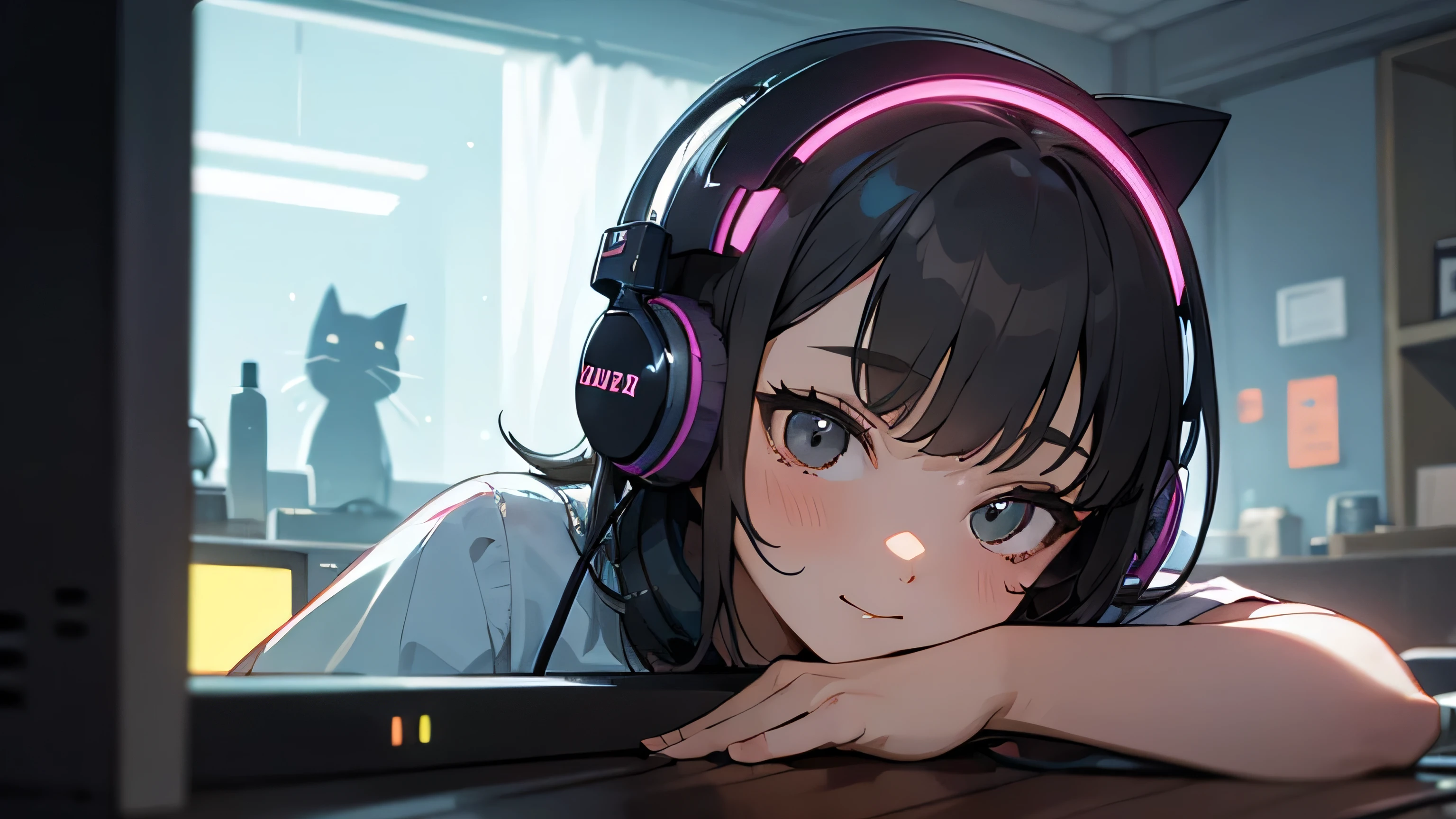 Room with speakers、Cat with headphones、Face close-up、night