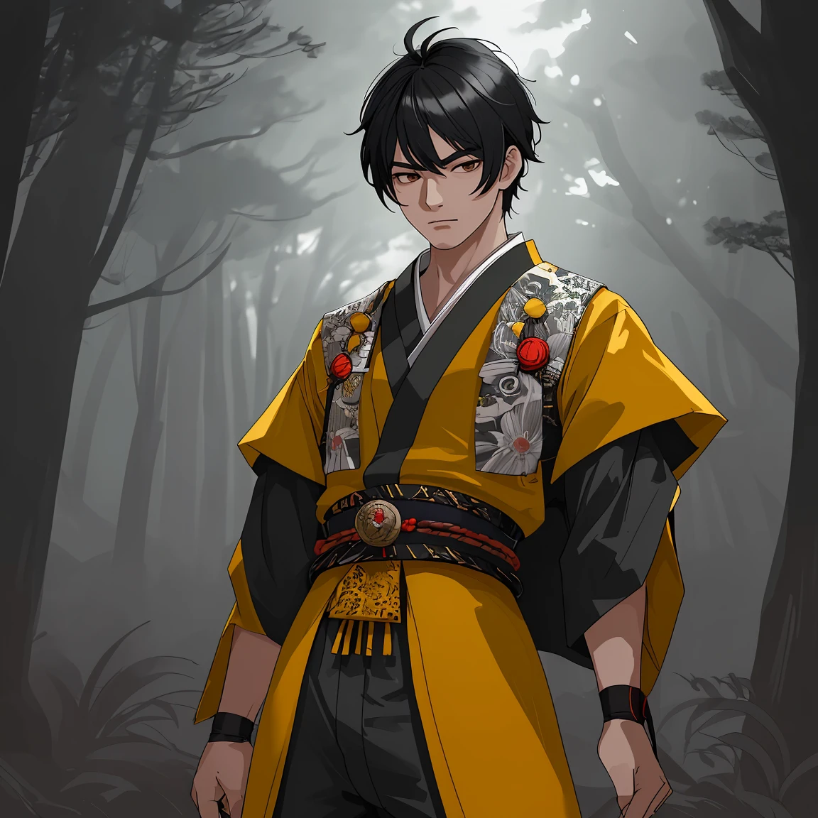 1 Hombre joven, Estilo japones, traje de asesino, Great belt, ((Great belt amarillo)), [Great belt verde], cabello corto negro azulado, looking towards the camera, obra maestra, gran calidad, ultra detallado, 8K, high resolution, Great lighting, colores vivos, el fondo es un bosque de noche