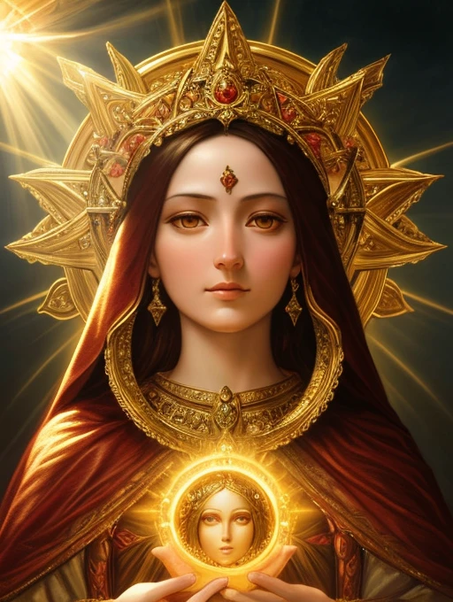 highly detailed portrait of a mary magdalene sun god halo of light, gold, unreal engine, art by mark ryden, lostfish, earl norem, global illumination, god rays, detailed and intricate environment, elden ring style