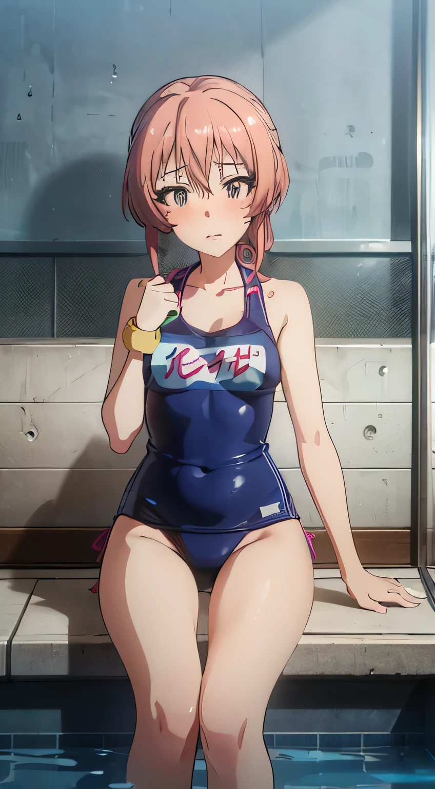 (masterpiece、highest quality、In 8K、High resolution:1.2)、alone、One Girl、 Mika Jougasaki, Feeling embarrassed、blush、Look at the viewers、whole body、Blue school swimsuit、Wet body、Glossy body、Poolside