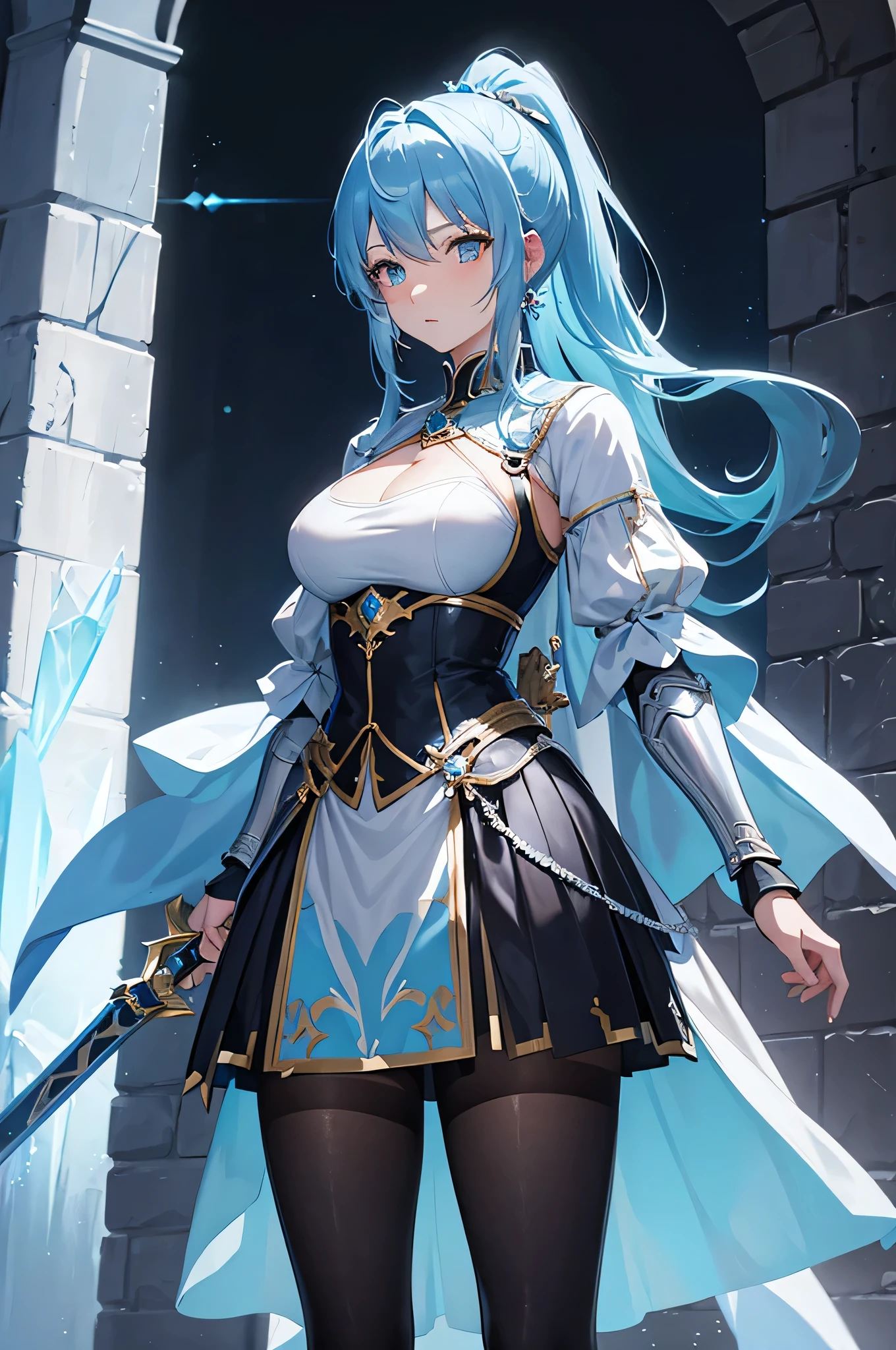 4k,High resolution,One Woman,Light blue hair,Short Ponytail,Big Breasts,knight,Ice Crystal Armor,Ice Crystal Dress,knight's shoes,Black tights,Jewelry decoration,Long sword,Medieval castle town