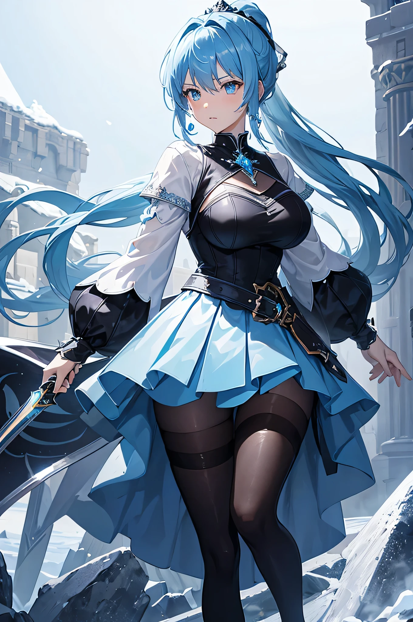 4k,High resolution,One Woman,Light blue hair,Short Ponytail,Big Breasts,knight,Ice Crystal Armor,Ice Crystal Dress,knight's shoes,Black tights,Jewelry decoration,Long sword,Medieval castle town