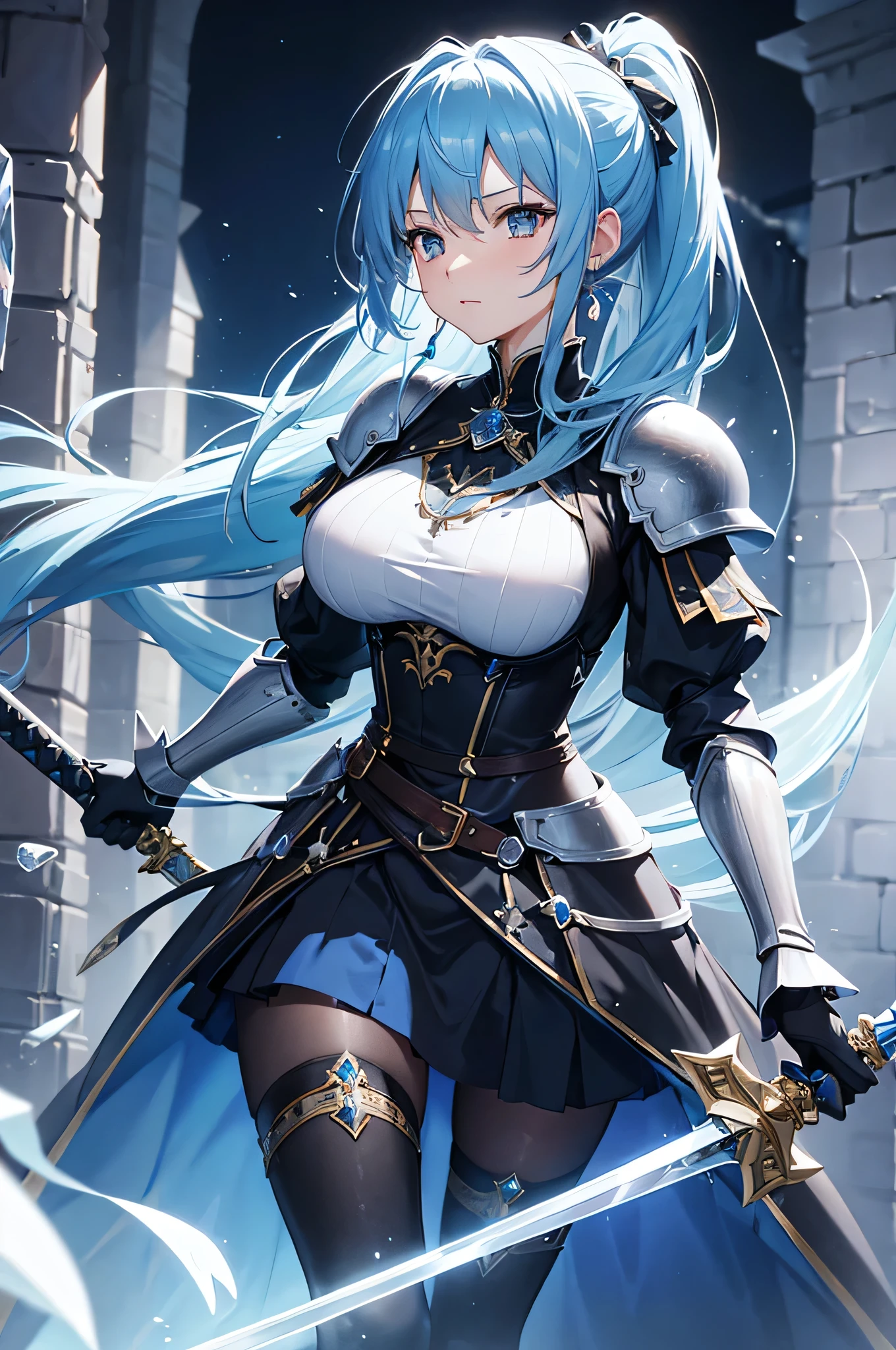 4k,High resolution,One Woman,Light blue hair,Short Ponytail,Big Breasts,knight,Ice Crystal Armor,Ice Crystal Dress,knight's shoes,Black tights,Jewelry decoration,Long sword,Medieval castle town