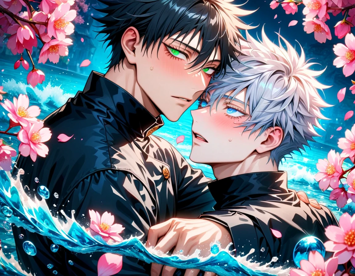 Ultra detailed, HDR, Highres, absurdres, master piece, Gojou Satoru, white hair with bangs, closed eyes, hair between the eyes, white eyelashes, Fushiguro Megumi, black hair, Jujutsu Kaisen, black shirt, purple glittering butterflies, purple ice, petals, purple ice glass roses, 2 sexy men together, gay couple kissing, love, handsome, glittering, water, fantasy, magical,