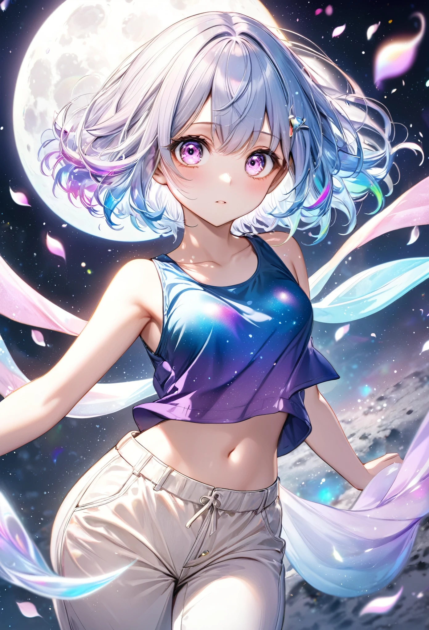 best quality, super fine, 16k, incredibly absurdres, extremely detailed, delicate and dynamic, cute girl, big round red detailed eyes, light blue messy bob cut hair, wearing blue crop tank top and ivory arabian pants costumes, iridescent petals fluttering down, iridescent light effects, iridescent pastel color light effects, ominous purple aura swirls effects, background on the moon, galaxy