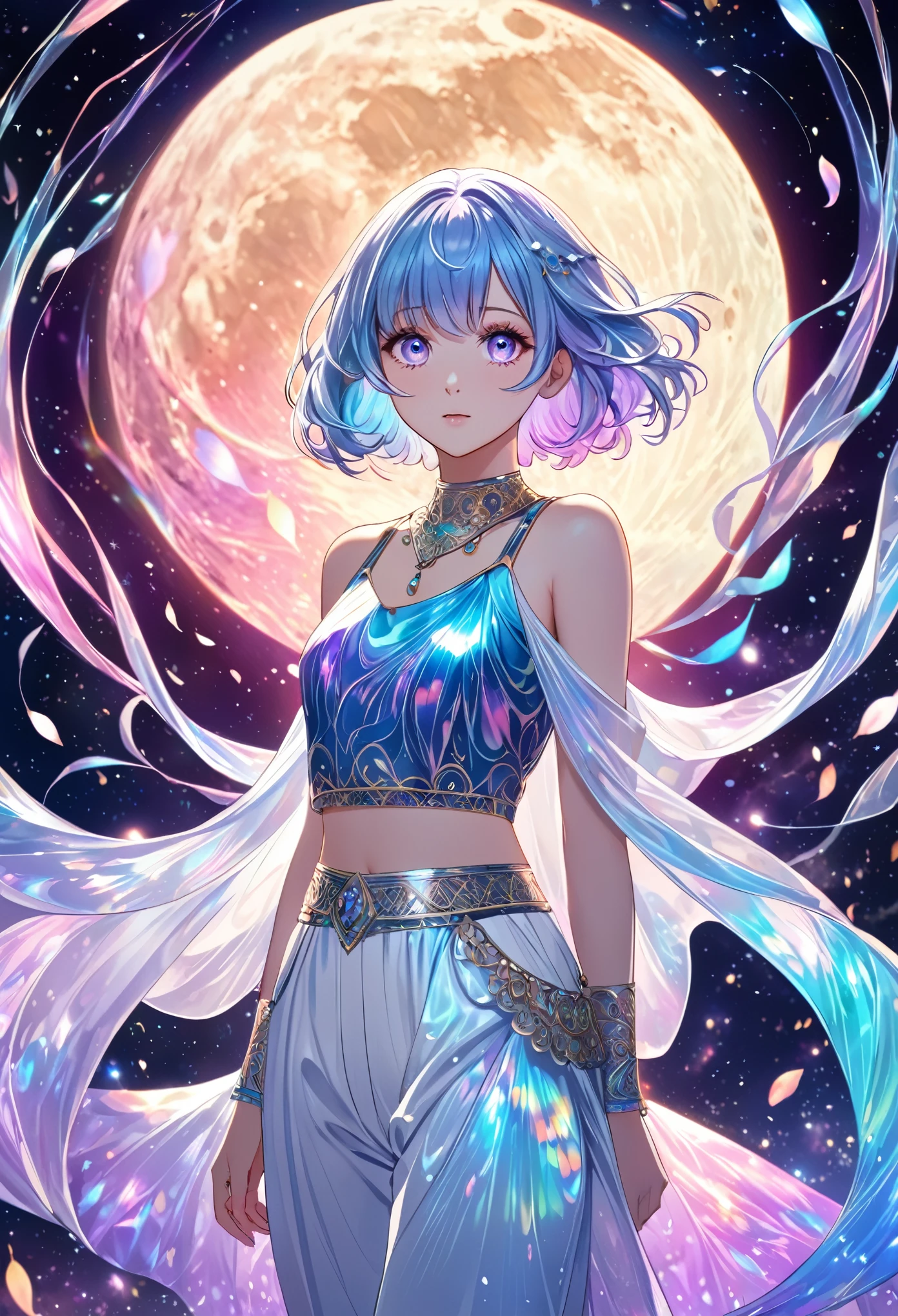 best quality, super fine, 16k, incredibly absurdres, extremely detailed, delicate and dynamic, cute girl, big round red detailed eyes, light blue messy bob cut hair, wearing blue crop tank top and ivory arabian pants costumes, iridescent petals fluttering down, iridescent light effects, iridescent pastel color light effects, ominous purple aura swirls effects, background on the moon, galaxy