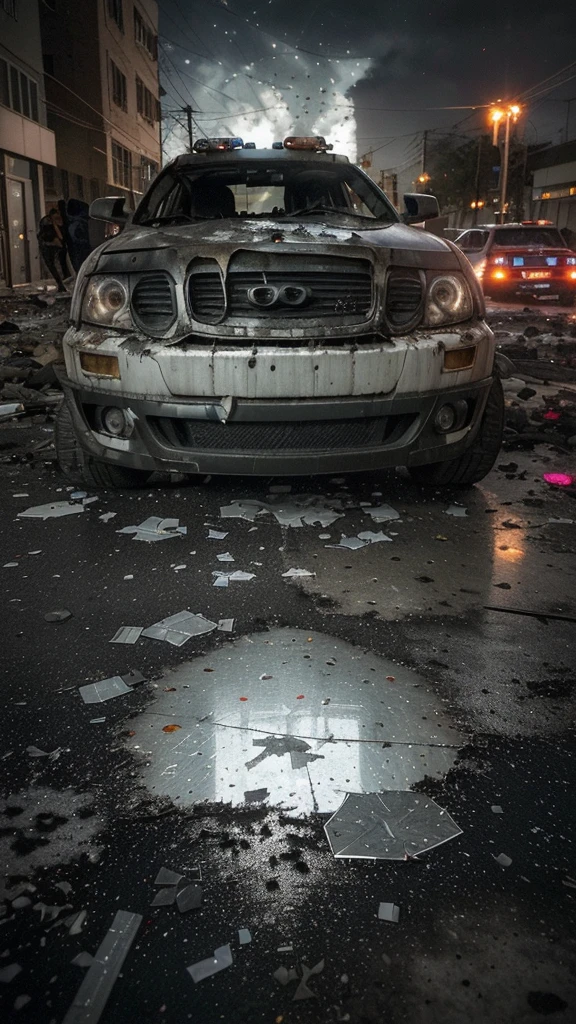 Na imagem, we see a completely destroyed car, suas linhas antes elegantes agora retorcidas e desfiguradas. The body is crushed and dented, as if she had been subjected to a devastating force. The windows are shattered into thousands of shining fragments, scattered on the ground around the vehicle. The tires are deflated and torn, pendendo precariamente dos aros contorcidos. Metal and plastic debris is scattered around the site, highlighting the violence of the impact. The windshield is shattered, revealing the bleak view inside the car, onde os airbags inflados permanecem como testemunhas mudas do caos que se desenrolou ali. The surrounding scenery is illuminated by the flashing lights of emergency vehicles., further highlighting the tragedy that just occurred. Heavy silence hangs over the scene, interrupted only by the distant sound of sirens and the muffled murmur of people around, all trying to understand how something so terrible could have happened.