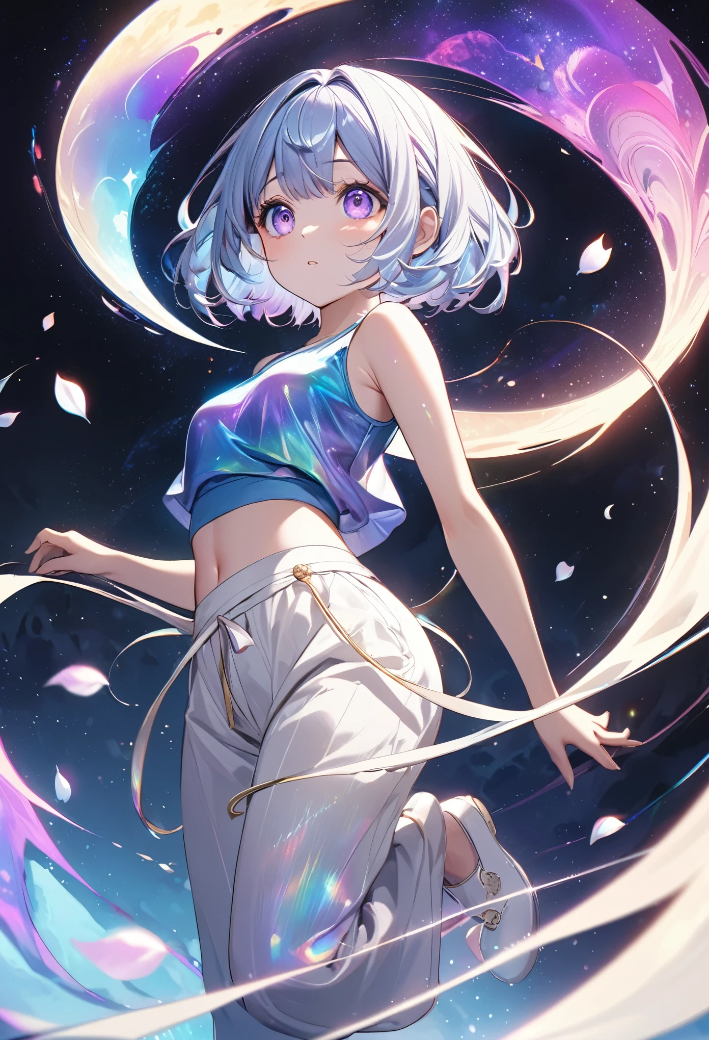 best quality, super fine, 16k, incredibly absurdres, extremely detailed, delicate and dynamic, cute girl, big round red detailed eyes, light blue messy bob cut hair, wearing blue crop tank top and ivory arabian pants costumes, iridescent petals fluttering down, iridescent light effects, iridescent pastel color light effects, ominous purple aura swirls effects, background on the moon, galaxy