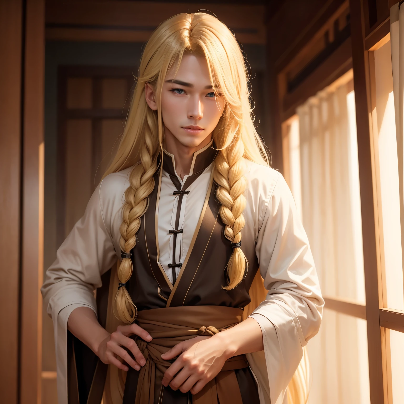 Blonde, amber or brown eyes, handsome, long blonde hair in a braid, East Asian, male, slightly muscular, curtain bangs, side part