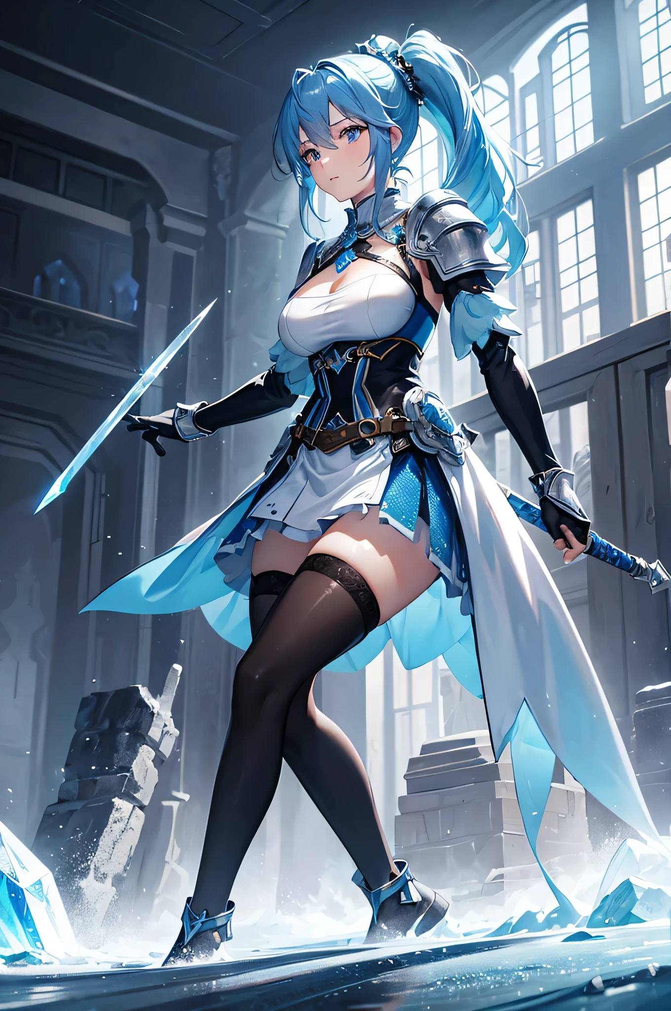 4k,High resolution,One Woman,Light blue hair,Short Ponytail,Big Breasts,knight,Ice Crystal Armor,Ice Crystal Dress,knight's shoes,Black tights,Jewelry decoration,Long sword,Medieval castle town