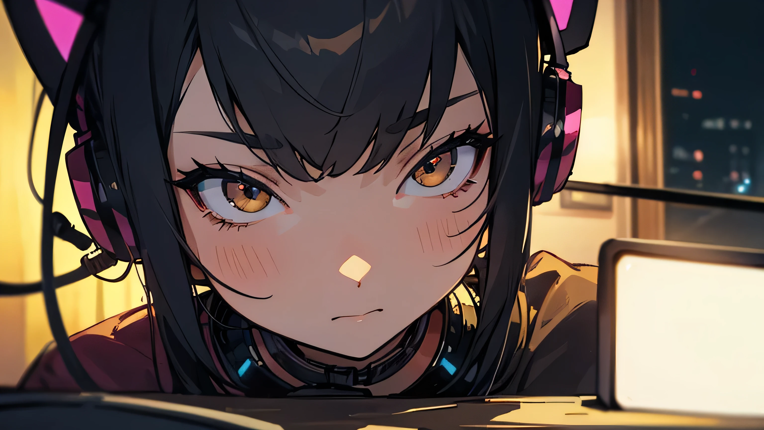 Room with speakers、Cat with headphones、Face close-up、night