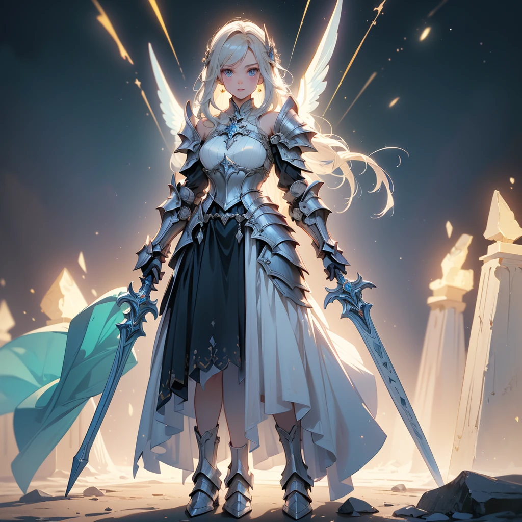 (((masterpiece, best quality, high detailed, 8k))) Design a layout showcase Gaming character, (1girl). White|Blue|Gold armor, elegant and majestic. ((showcase weapon:1.4)), celestial sword. (masterpiece:1.2), (best quality), 4k, ultra-detailed. (Step by step design, layout art:1.5), (luminous lighting, atmospheric lighting). divine warrior, ((glove full hands)), (((regal armor:1.3))), shoulder pauldrons, armored boots, (((full_body_shot:1.4))). {In a radiant celestial realm}.