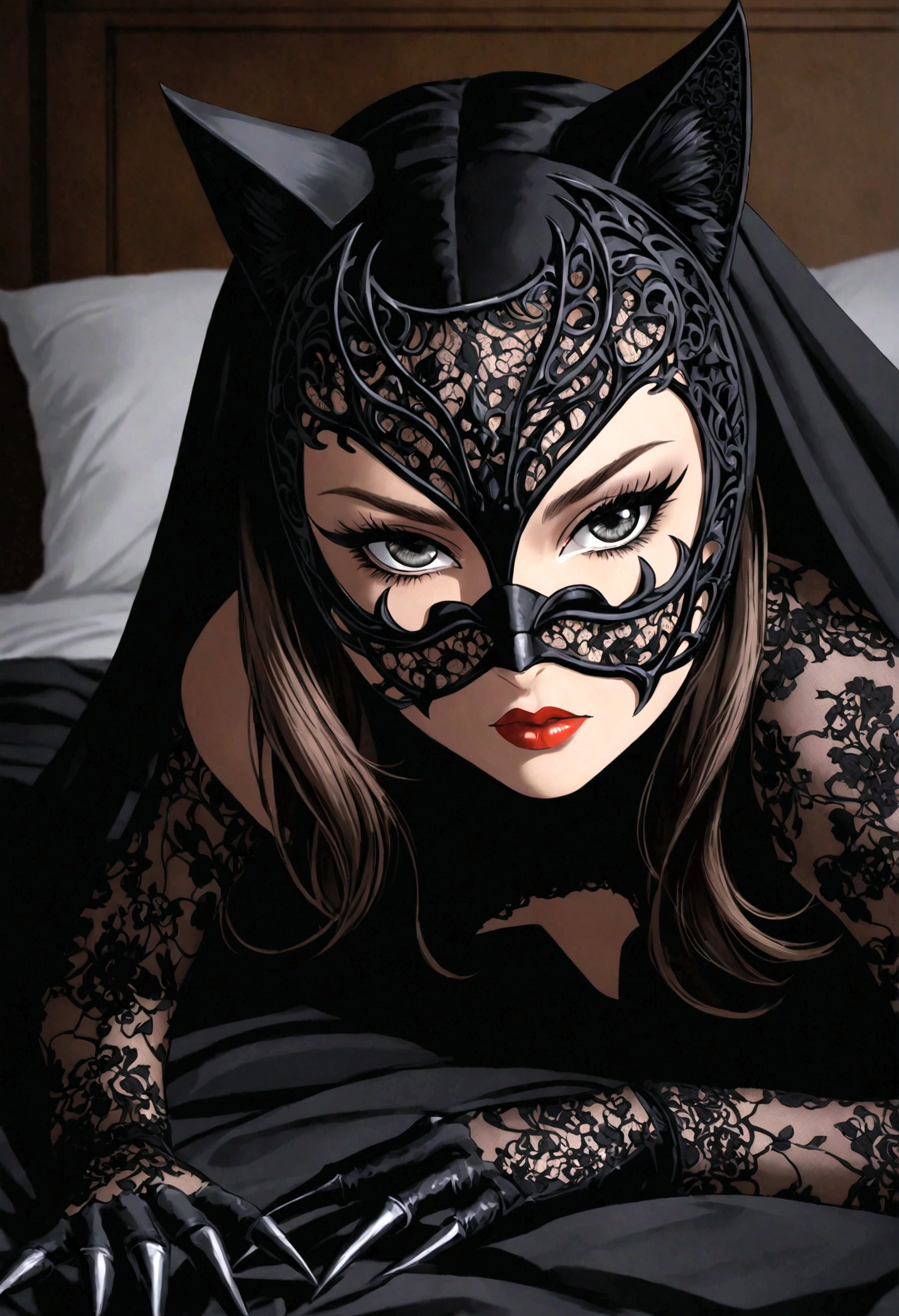 Tori Black lace catwoman heavy black eye shadow long black eyeliner, black outfit, incredible and fantastic face eyes mask, mouth not covered, sharp claws shredding the bed sheets posing on a sensual bed fierce expression dark ambience