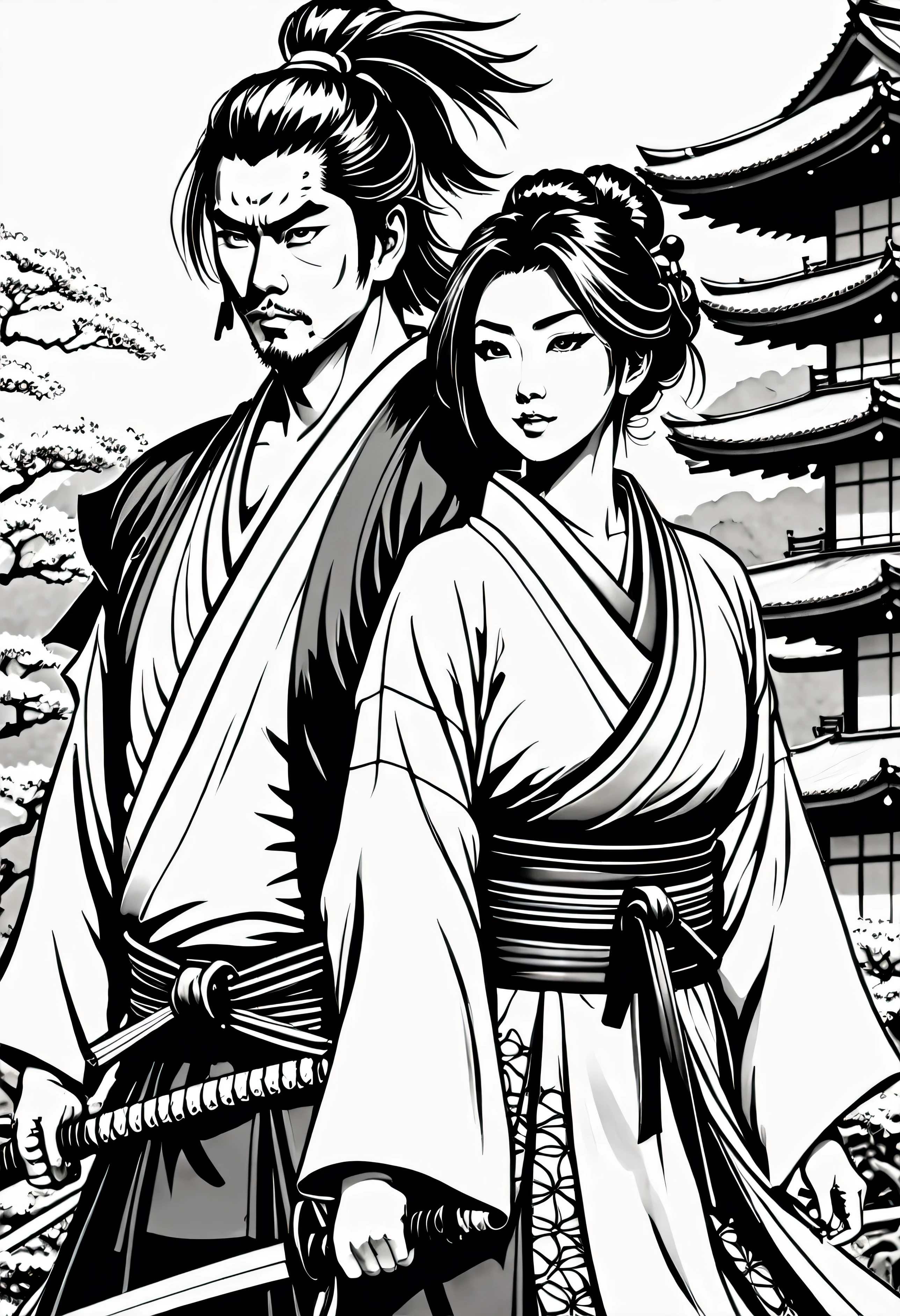 Pau preto e branco, sua arte em tinta fina, comic style, portrait of japan, Samurai and gueixa, japanese couple, Glamour de Osaka, bela arte de linha, black and white comic style, manga style, manga art style, pencil and ink caricature drawing, black and white coloring, cabelo branco, other positions, cabelo branco, cabelo loiro, preto e branco, sem tons de cinza, corpo inteiro. Japan Background, Samurai and gueixa, casal