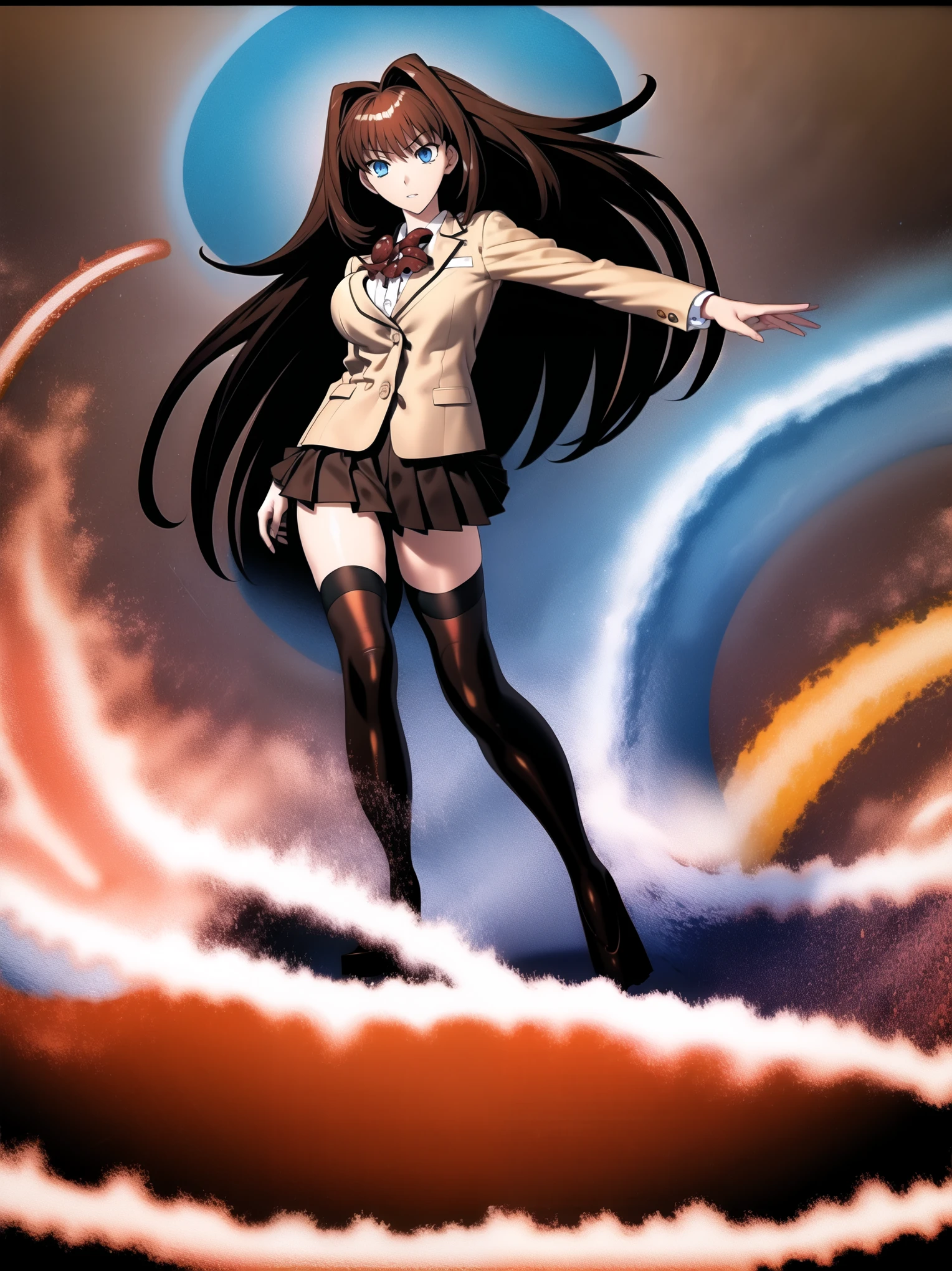 BREAK, centered. BREAK, (EMPTY BACKGROUND), BREAK, (masterpiece), best quality, high resolution, 8k, illustration, (beautiful detailed eyes:1.5), extremely detailed face, extremely detailed body, CG, perfect hands, perfect anatomy, (((1girl))), ((solo)), (((bbaoko))), ((2 legs max)), ((2 feet max:1.6)), ((swirling vortex shaped longest brown hair:1.5)), (brown longest hair with slightly reddish undertone:1.6), (lush luscious longest brown hair:1.6), (very long voluminous longest brown hair:1.5), serious, blue eyes, red bowtie, (Form-fitting beige blazer:1.5), brown jacket, (highly detailed beautiful face:1.2), (white shirt:1), (well shaped large breasts:1.6), (nice hips:1), (((Umber pleated thigh-high skirt:1.6))), (((black bike shorts:1.4))), (toned thighs:1.6), (jetblack thighhighs:1.6), (strap shoes brown color), (facing front:1.5), ((standing straight:1.5)), ((Fullbody in frame:1.6)), ((Full body:1.5)), ((takeuchi takashi:1.3))