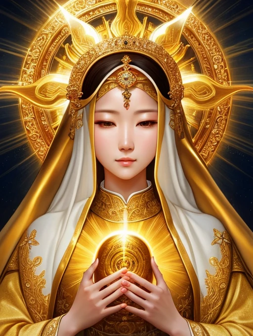highly detailed portrait of a mother mary as korean kpop singer sun goddess halo of light, gold, unreal engine, art by mark ryden, lostfish, earl norem, global illumination, god rays, detailed and intricate environment, elden ring style