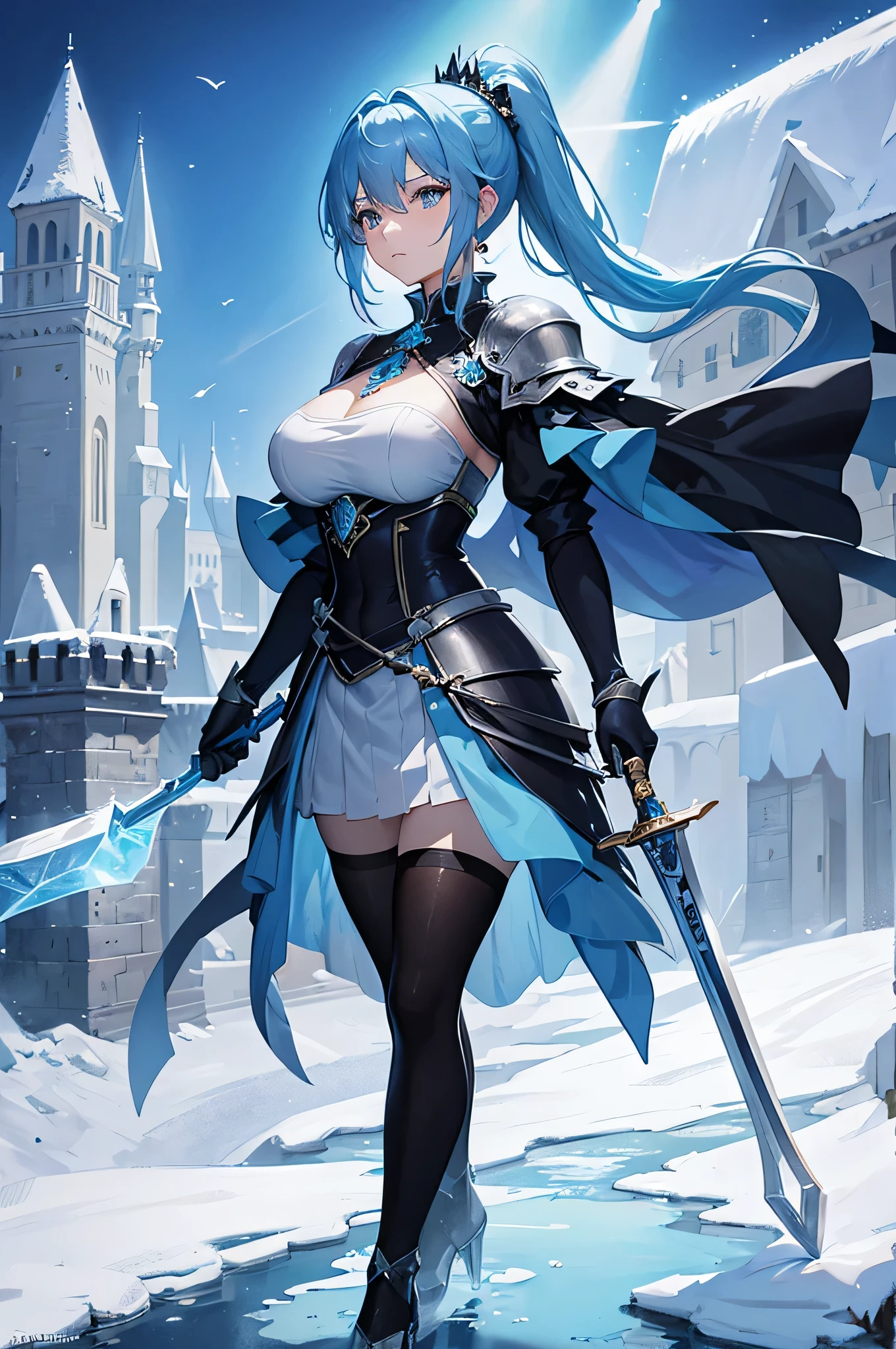 4k,High resolution,One Woman,Light blue hair,Short Ponytail,Big Breasts,knight,Ice Crystal Armor,Ice Crystal Dress,knight&#39;s shoes,Black tights,Jewelry decoration,Long sword,Medieval castle town