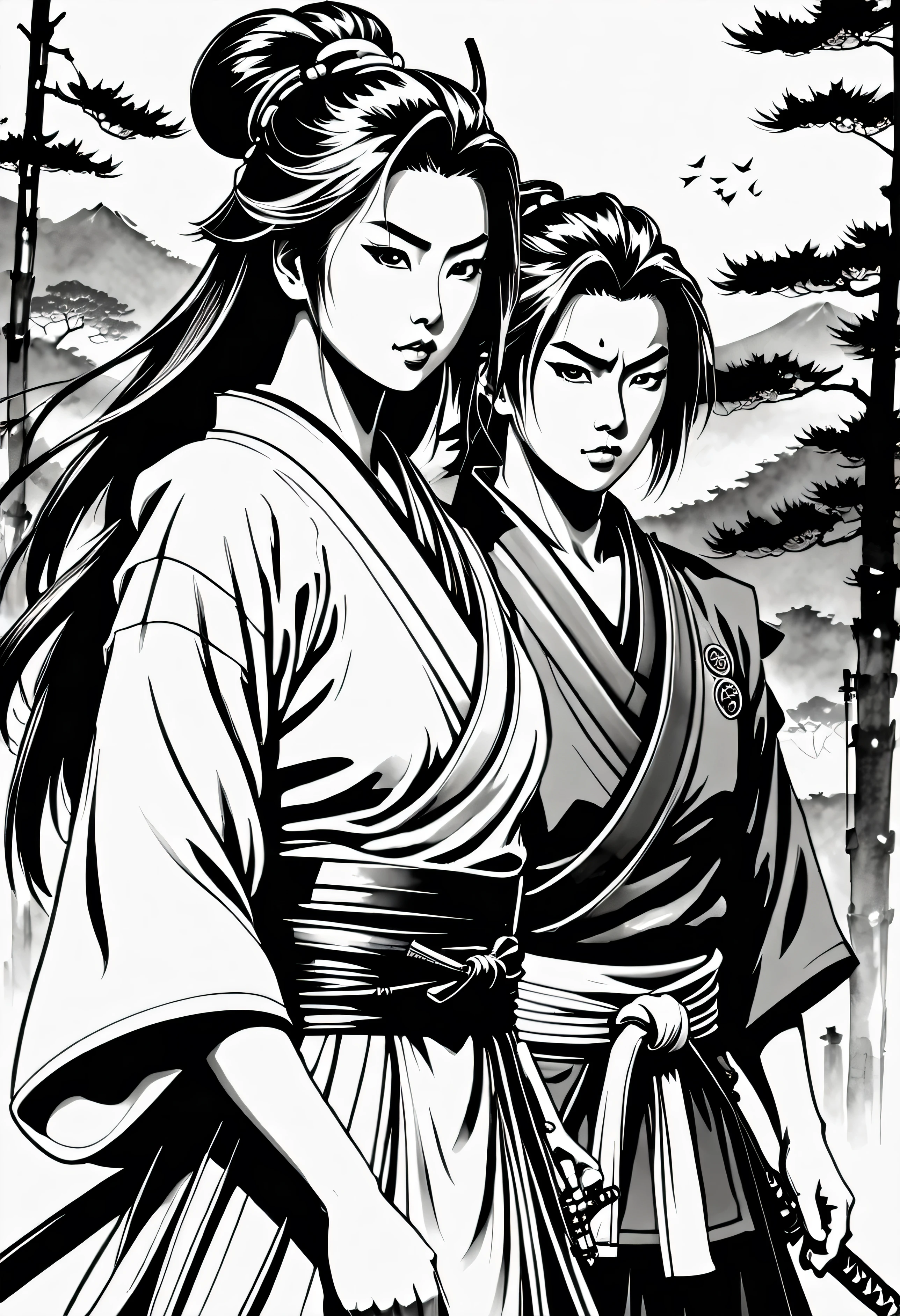 Pau preto e branco, sua arte em tinta fina, comic style, portrait of japan,  Samurai and gueixa, japanese couple, Glamour de Osaka, bela arte de linha, black and white comic style, manga style, manga art style, pencil and ink caricature drawing, black and white coloring, cabelo branco, other positions, cabelo branco, cabelo loiro, preto e branco, sem tons de cinza, corpo inteiro. Japan Background, Samurai and gueixa, casal