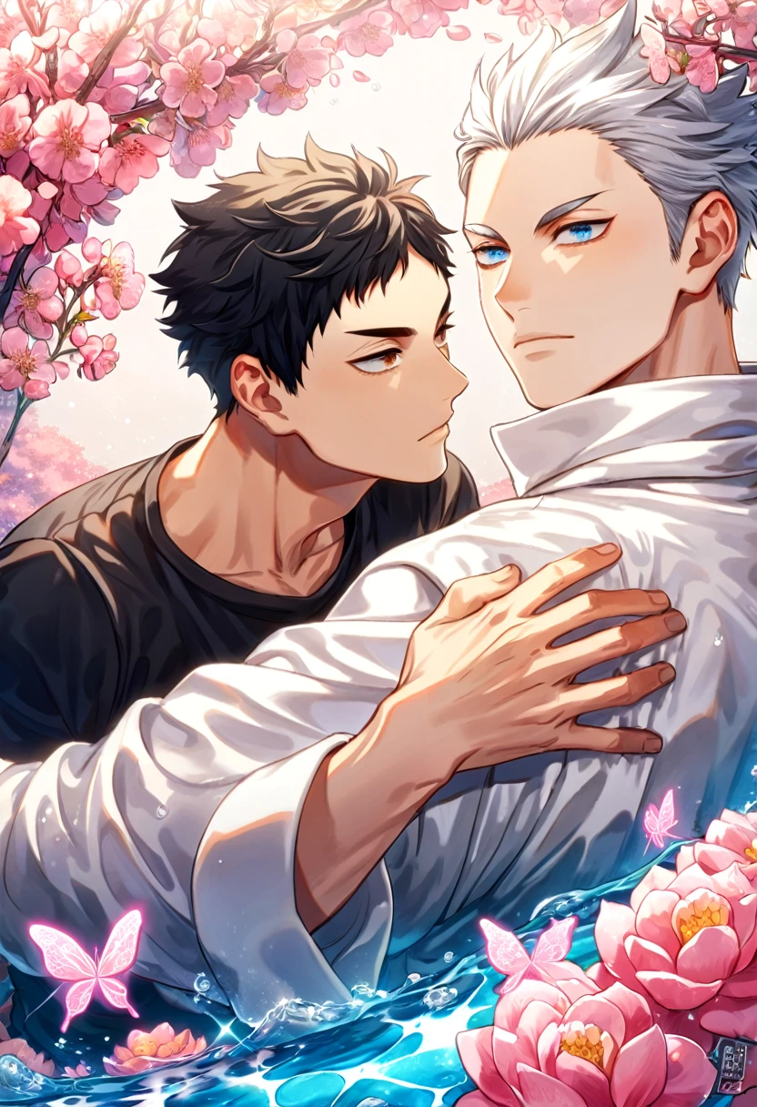 absurdres, highres, ultra detailed, HDR, master piece, best quality, Akaashi Keiji, black hair, expressive blue eyes, Haikyuu, Bokuto Kotaro, white hair, expressive brown eyes, two sexy men together, gay couple, yaoi, handsome, white coat, black T-shirt shirt, magical, fantasy, shining, water, pink flowers, pink blossoms, pink butterflies, pink petals