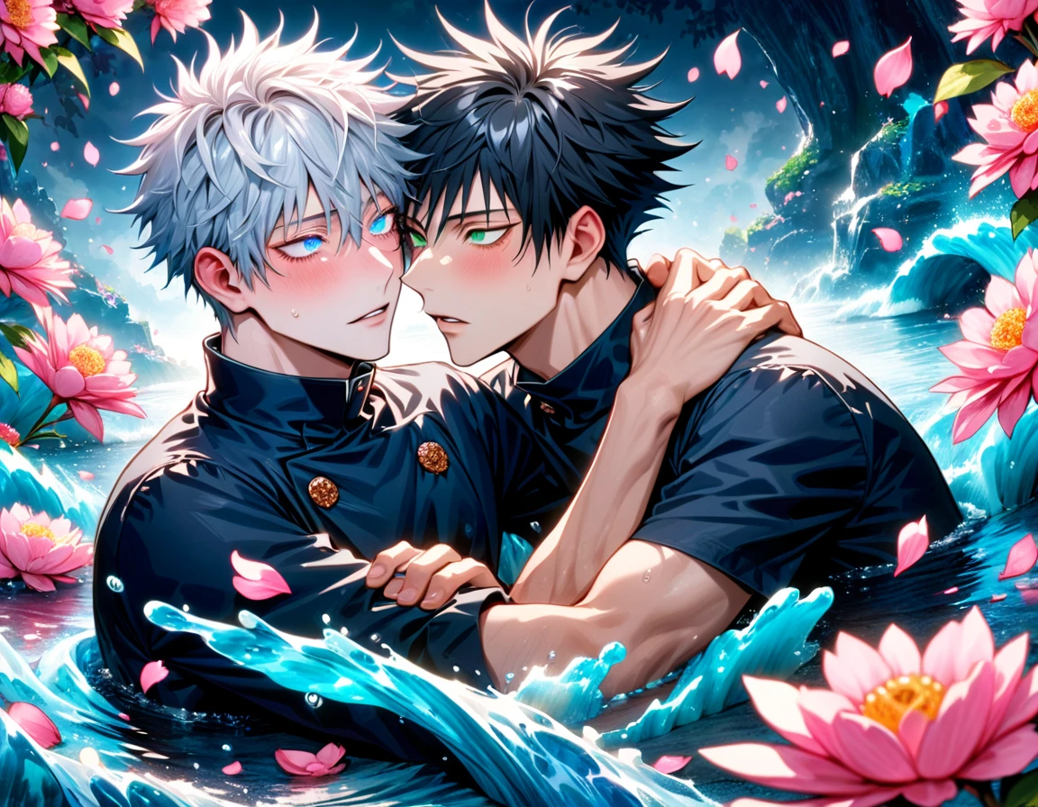 Ultra detailed, Highres, absurdres, HDR, master piece, Gojo Satoru, white hair with bangs, hair between the eyes, white eyelashes, expressive blue eyes, Fushiguro Megumi, black hair, expressive green eyes, Jujutsu Kaisen, handsome, two man together, gay couple, love, yaoi, extremely detailed eyes and face, water, pink flowers, blossoms, petals, sexy, fantasy, black clothes, magic