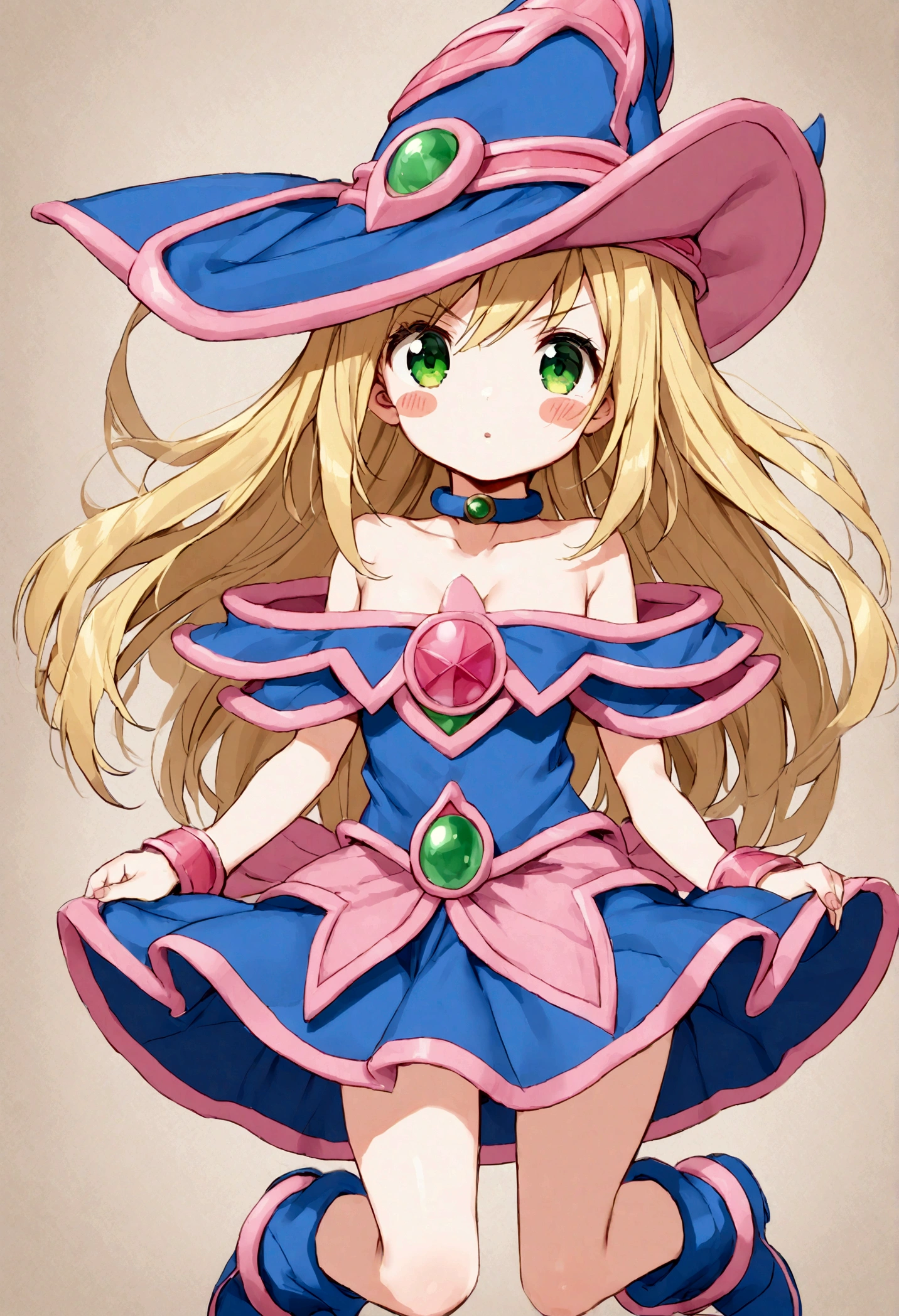 dark magician girl, blonde hair, choker, green eyes, long hair, blush, blush stickers,
bare shoulders, blue footwear, blush, blush stickers, cleavage, collarbone, duel monster, hat, off shoulder, pentacle, wizard hat,