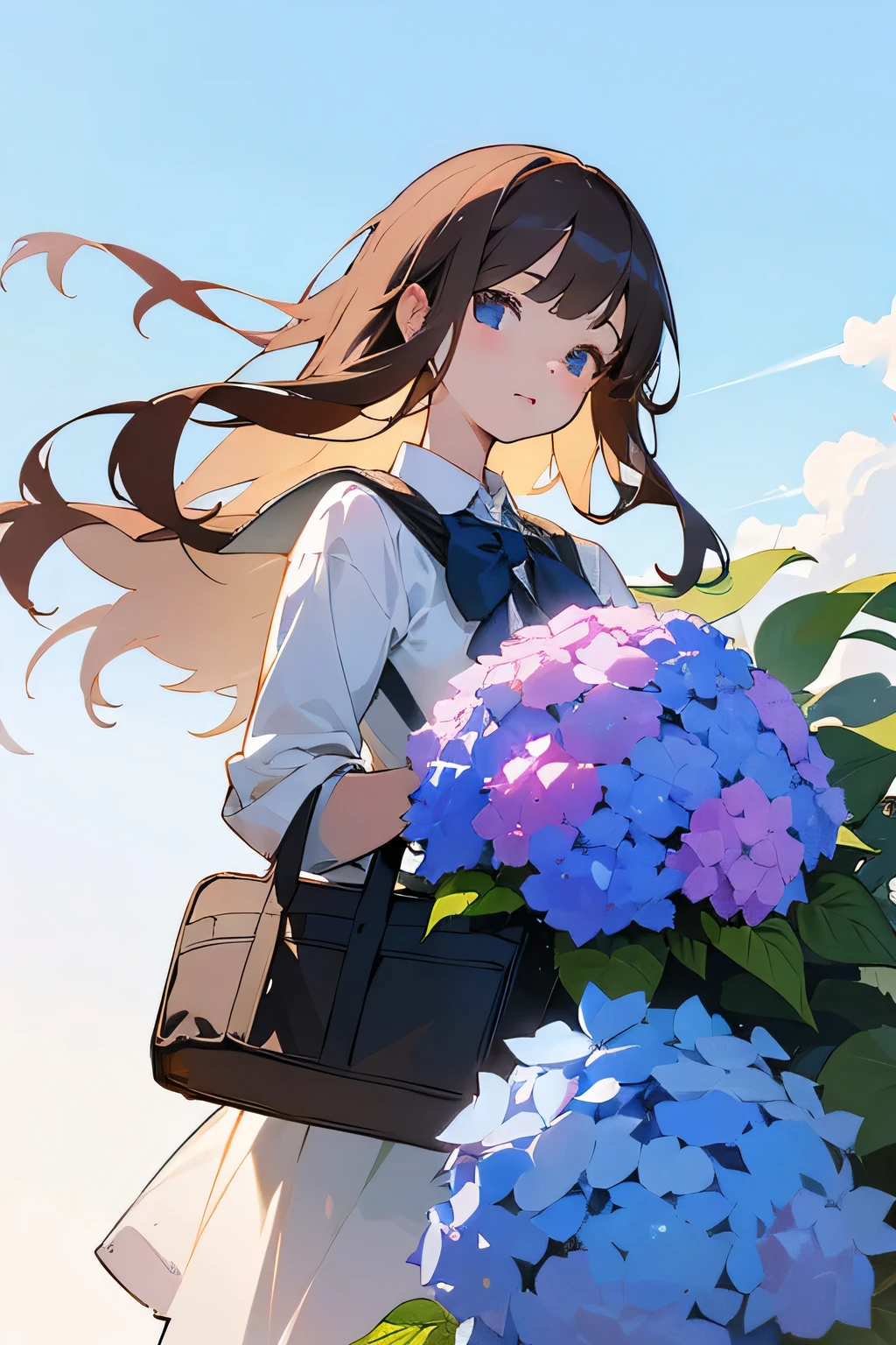 girl returning from school、Background hydrangea、highest quality、Delicate drawing、looking at the camera、Shortcuts、high resolution、blue sky、