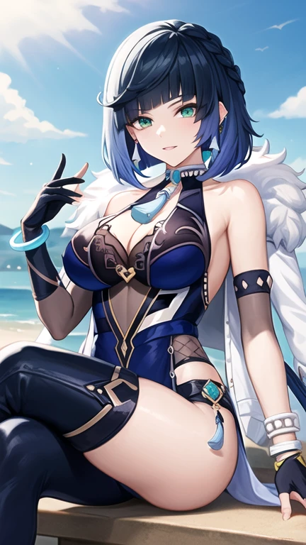 masterpiece, best quality, highres, Yelan Yelan, short hair, bob cut, braid, green eyes, earrings, neck tassel, jacket on shoulders, fur-trimmed jacket, white jacket, cleavage, blue dress, sleeveless, bracelet, asymmetrical gloves, fingerless gloves, elbow gloves, pelvic curtain, sitting, crossed legs, outdoors,