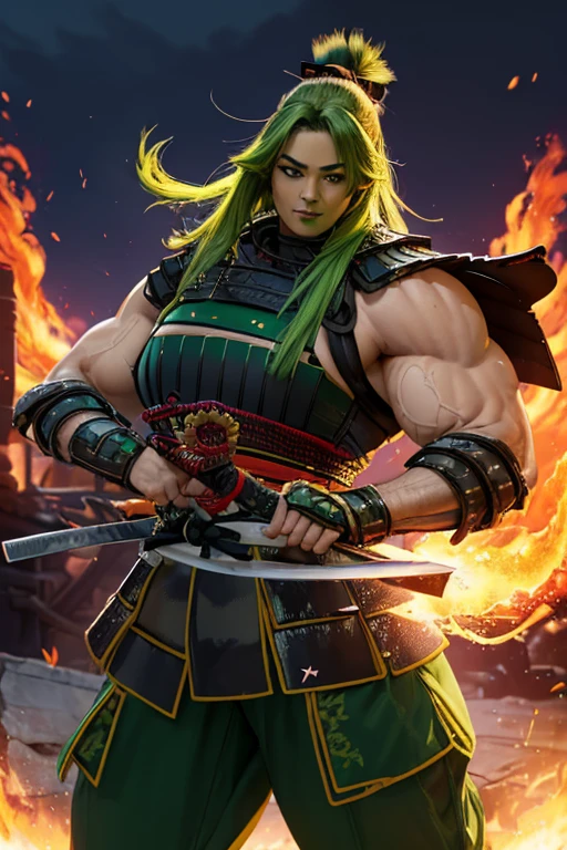 ((((Massive, tall, beautiful, buff, muscular light brown skinned female samurai with green hair, black lipstick, ginormous bulky muscles, holding a green fire sword and wearing an all green samurai armor with pants)))), {close view}, black eyeliner, massive muscles, large breast, massive biceps, hyper muscle triceps, (long curvy hair), orange eyes, samurai boots, In a battlefield, sleeveless, steel samurai armor, nighttime, confident smile, hyper muscles arms, hyper muscle legs, ginormous arms