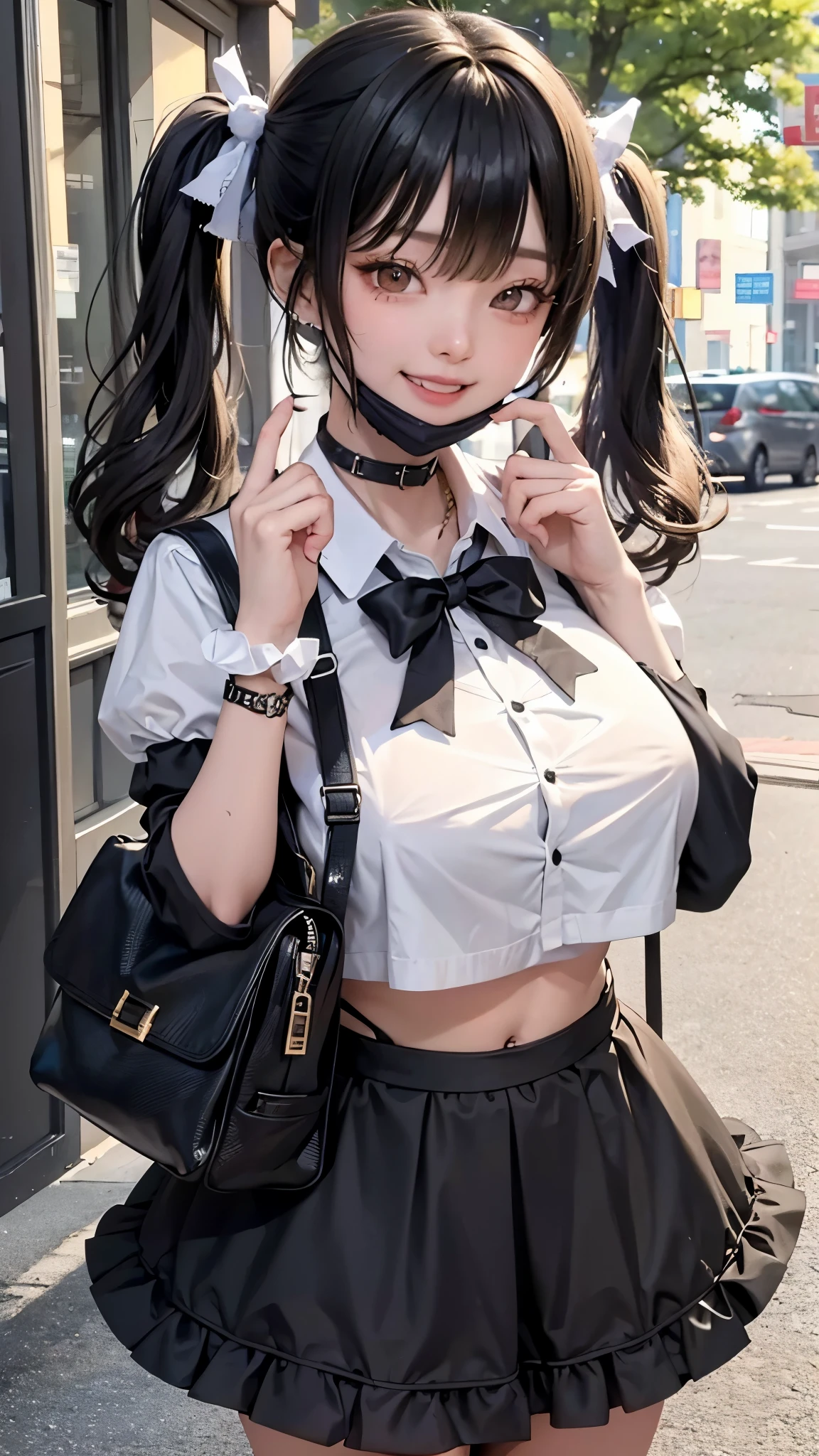 (8k、Best image quality、highest quality、masterpiece)、Detailed face、One Girl、Black Hair、((Twin tails))、Blunt bangs、short hair、Wavy Hair、Grey Eyes、Earrings、Wicked Smile、Grin、mask_Pull、Super big boobs、((Sexy face))、Frills、Black Ribbon、Black mini skirt、jirai kei attire、Cowboy Shot、Night downtown background