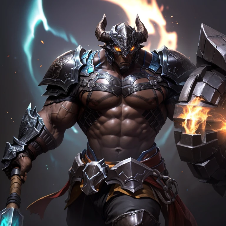 a dark skin male warrior wearing heavy dragon armor, chest, holding a great axe