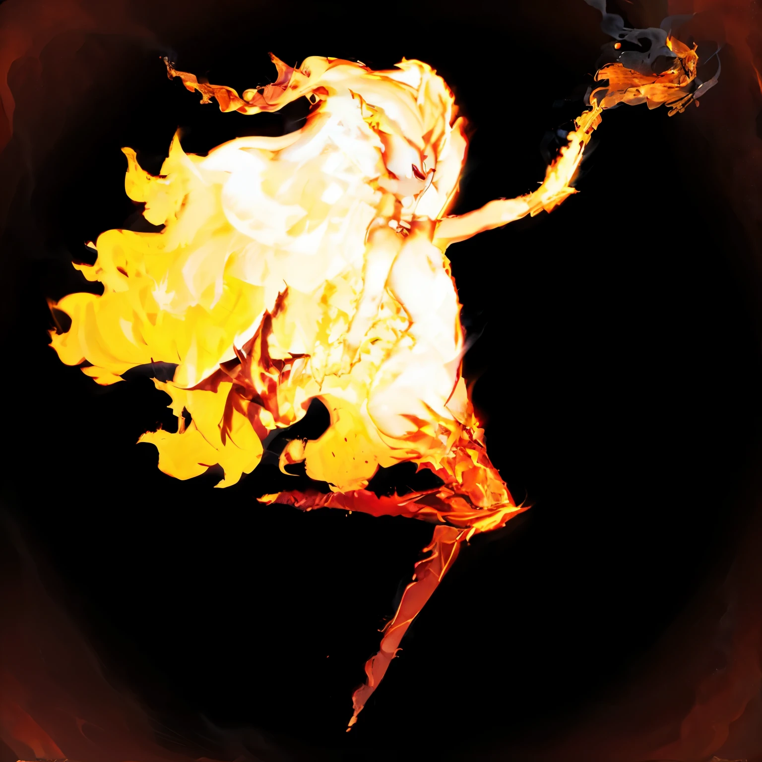 Beautiful flaming woman with bright yellow skin, long flaming hair that is shaved on the sides, black eyes, pointed ears, a flat chest, and wide hips. Wearing a djinn suit,efreet,cute,pretty,smoke eyes,black rock legs,
Volcano lava hands