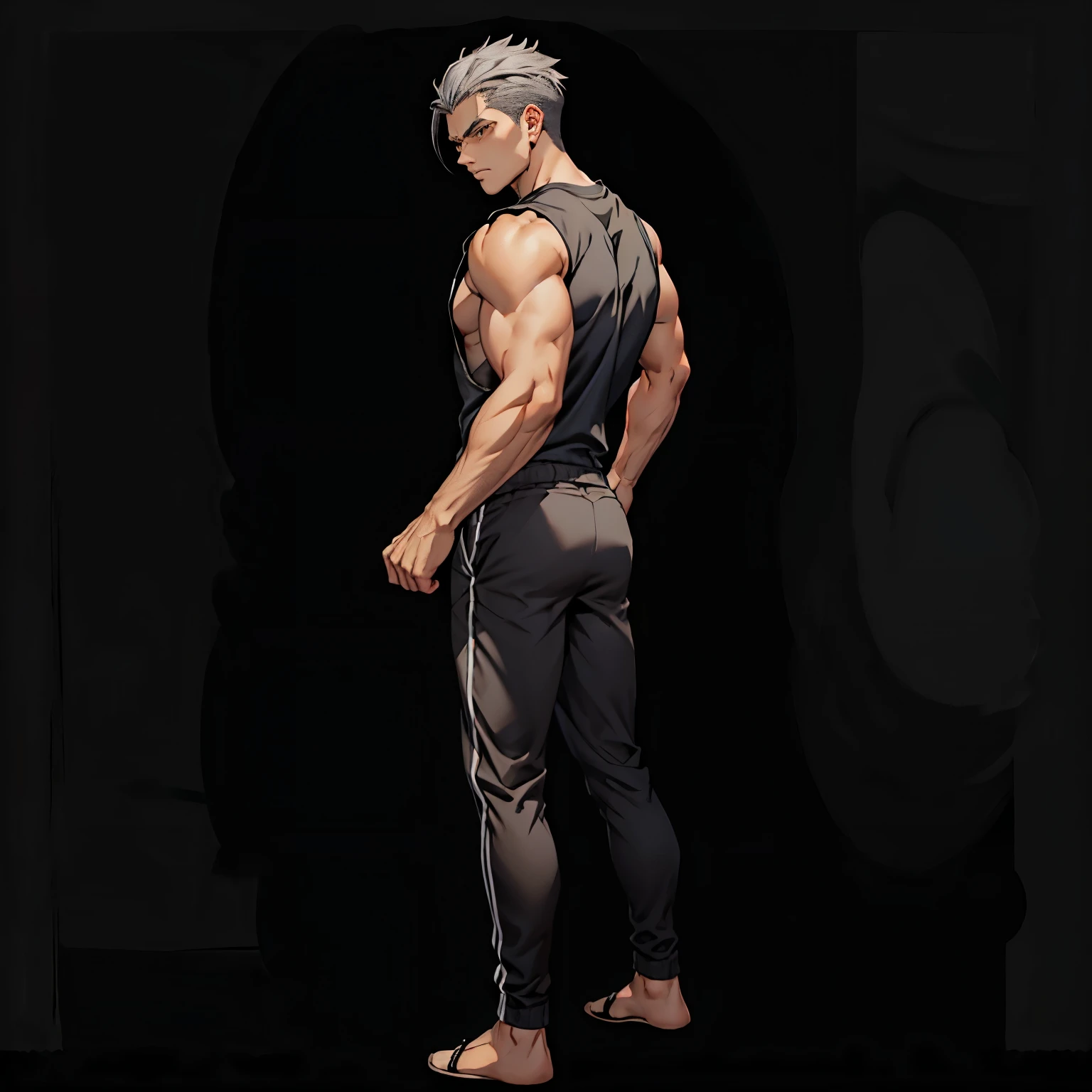 1boys, Full body, Serious face, brown eyes, ((gray hair)), medium length hair, wearing black sleeveless shirt, tuck in shirts, black tracksuit pants, black shoe, levitate on sky, blue sky, cloud, side back view