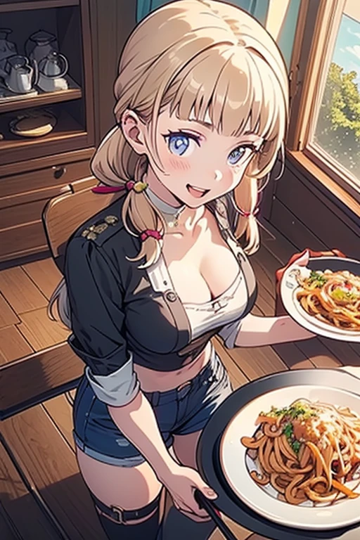 (dynamic angle:1.3, front view:1.1, breast focus:1.3, from above:1.1), (dynamic posing:1.2, sexy posing:1.2), (seductive smiling:1.3), ((holding Pasta on a plate,Taking the pasta out of the pan, worried about the outcome:1.2)),highest quality、(real、photorealistic:1.4),(ultra high resolution, 8K RAW photo, clear focus), best qualtiy, natural lighting, field depth, (Bright pupils, detailed beautiful eyes, high detailed face), Red lip, (tight focus:1.2), a girl 22yo old, Wearing a pastry chef uniform:1.3 , Thicc, thin breast, long hair, blue eyes,garter stocking, cleavage:1.2, midriff, black shorts, black thighhighs, thigh strap, pretty girl, (highly detailed beautiful face and eyes,firm breasts),real skin,((black,hair,long pony tail hair)),thin pubic hair,cute,lovely, detailed eyes,(double breasted:1.0,under bust:1.0),(with sparkling eyes and a contagious smile),open mouth, Looking at Viewer,A scene of make cooking Carbonara Pasta  in the kitchen
