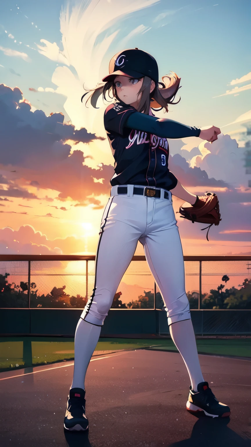 Female baseball player pitcher, pitching form, dramatic scene, anime style