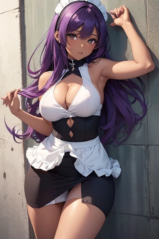 (Girl),(anime),(young),(woman with mature and hot body),(super plump breasts and big ass),(dark skin color),(African),(brown eyes),(height 1.76 ),(Long purple hair),(and pretty face),(hot body),(In a position with your butt facing forward and leaning against a wall),(wearing),+,(A maid outfit with a short and sexual pencil skirt and a classic black and white shoulder-baring outfit highlight her slender body and her breasts and a super short and sexual skirt and a cleavage Sexual)