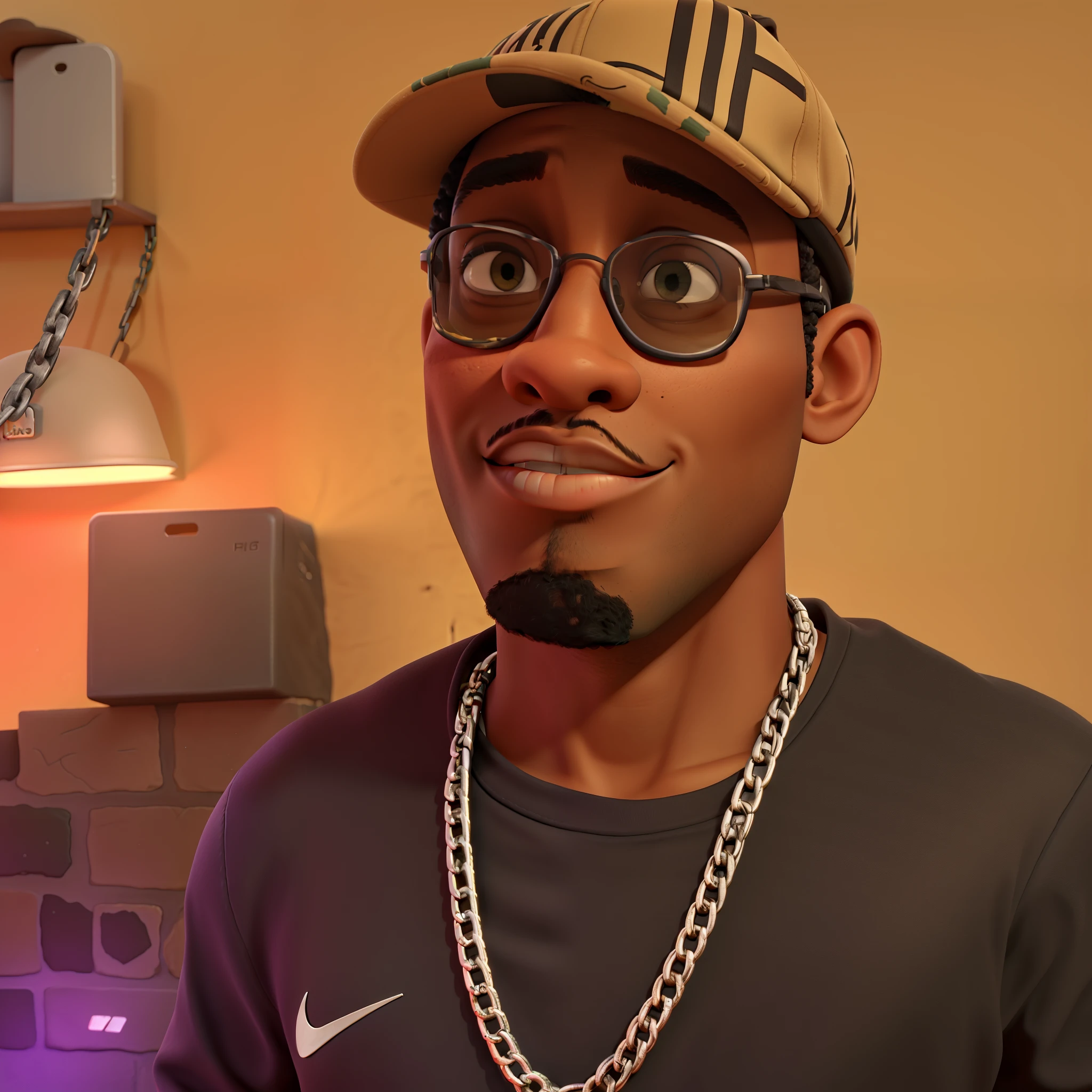 African-american man wearing cap, chain, sunglasses and wall background