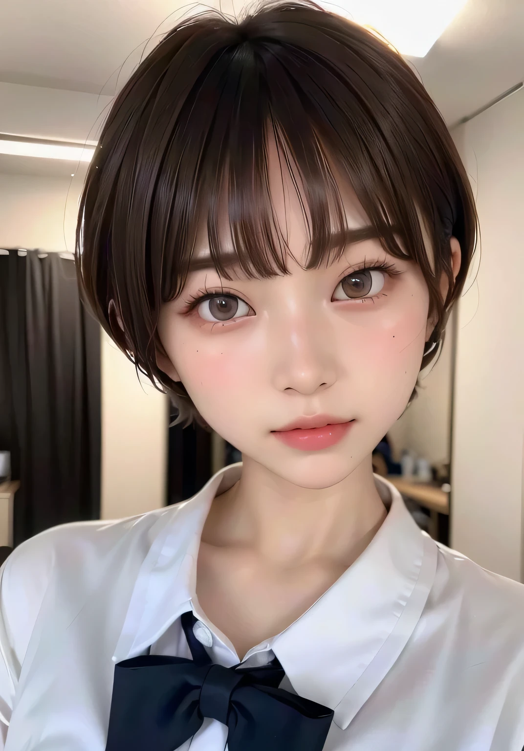(highest quality:1.3)、(Masterpiece:1.4)、Raw photo、8K、((Best image quality))、 ((High resolution))、Beautiful face in every detail、Realistic human skin、Gentle expression、(One Woman:1.3)、Realistic、Photorealistic、((short hair))、(Beautiful woman)、(Cute Japanese Girl)、(boyish)、(mannish)、((Beautiful woman))、(Beautiful Hair)、((Dark brown hair))、(Blushing:1.5)、(Fashion Model:1.3)、((Her eyes are big))、25 year old beauty、(Small face)、Small Head、((Long neck))、High school girls、uniform、Japanese high 、White button-up shirt、A bow tie