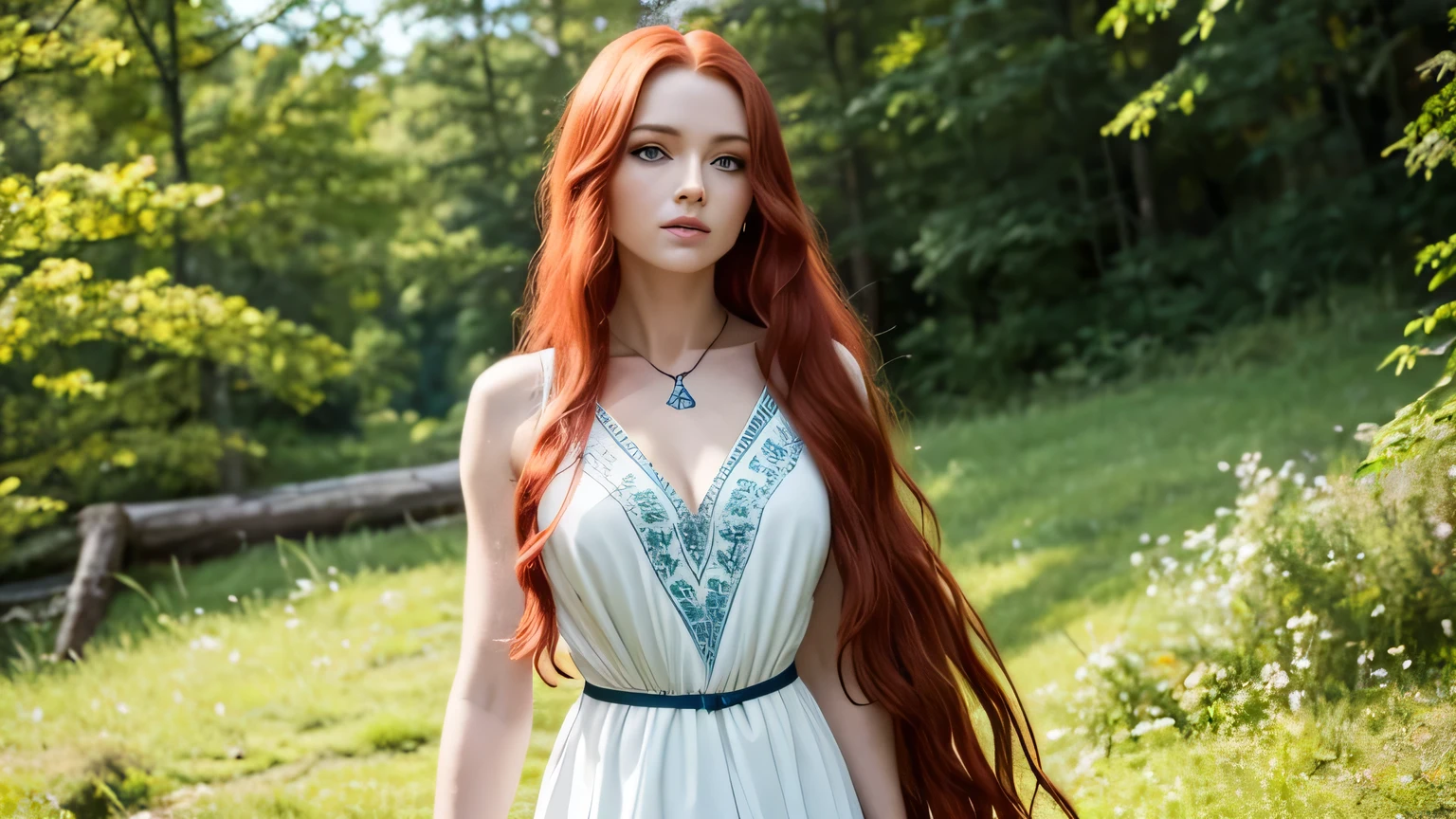 Viking woman, long red hair, green eyes, slight smile, beautiful and defined body, surrounded by nature. She is wearing a white dress with blue accents and a low neckline.