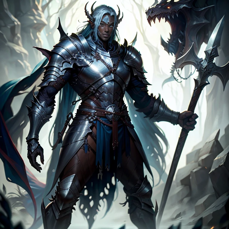 a dark skin male warrior wearing heavy dragon armor, chest, holding a great axe
