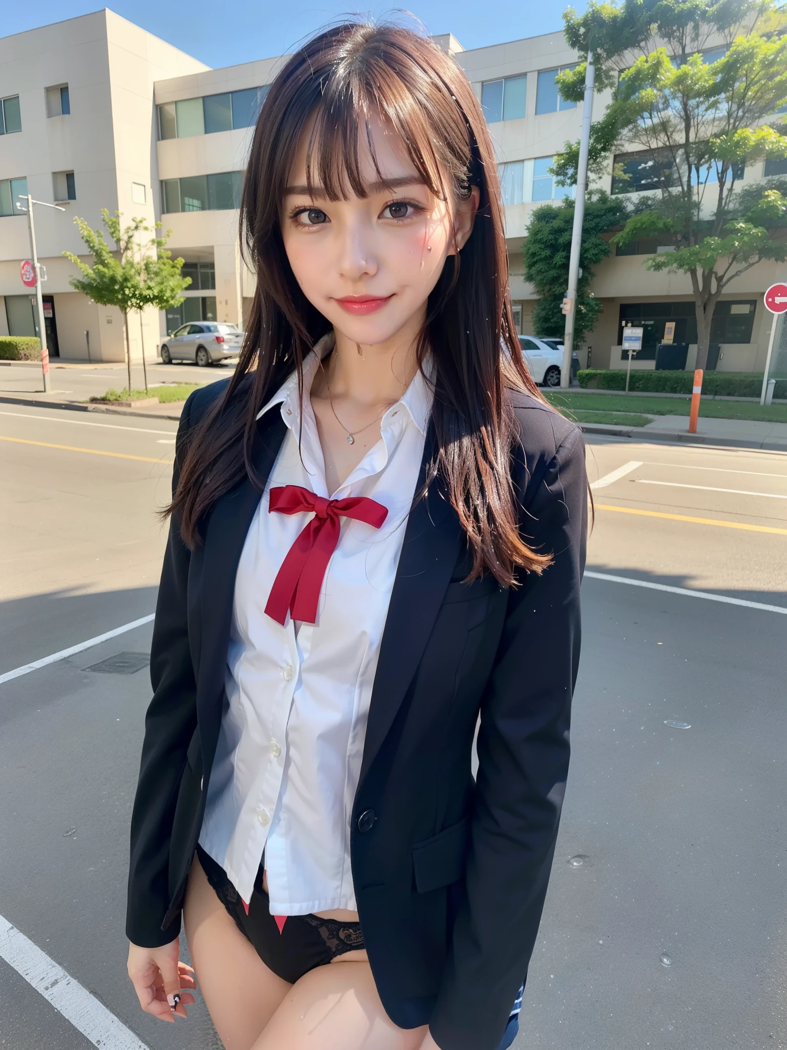 ((Best of the highest quality, 8k, Masterpiece: 1.3, raw photo)), Sharp focus: 1.2, (1 AESPA, slim body type female, 21 y/o: 1.1), (Solo: 1.2), (realistic, photo-realistic:1.37), face focus, cute face, finely eyes, (droopy eyes: 1.32), (Emphasize prominent aegyo-sal with bright: 1.2), shimmering eyeshadow applied under the lower lash line, paired with thick, (small breasts, flat chest, Thigh: 1.3), (wet hair, short messy hair, bangs: 1.28), (wet body, wearing blazer and shirt of school uniform, panties: 1.32), (ribbon: 1.2), walking terrace dining, sun light, flower, arms up,