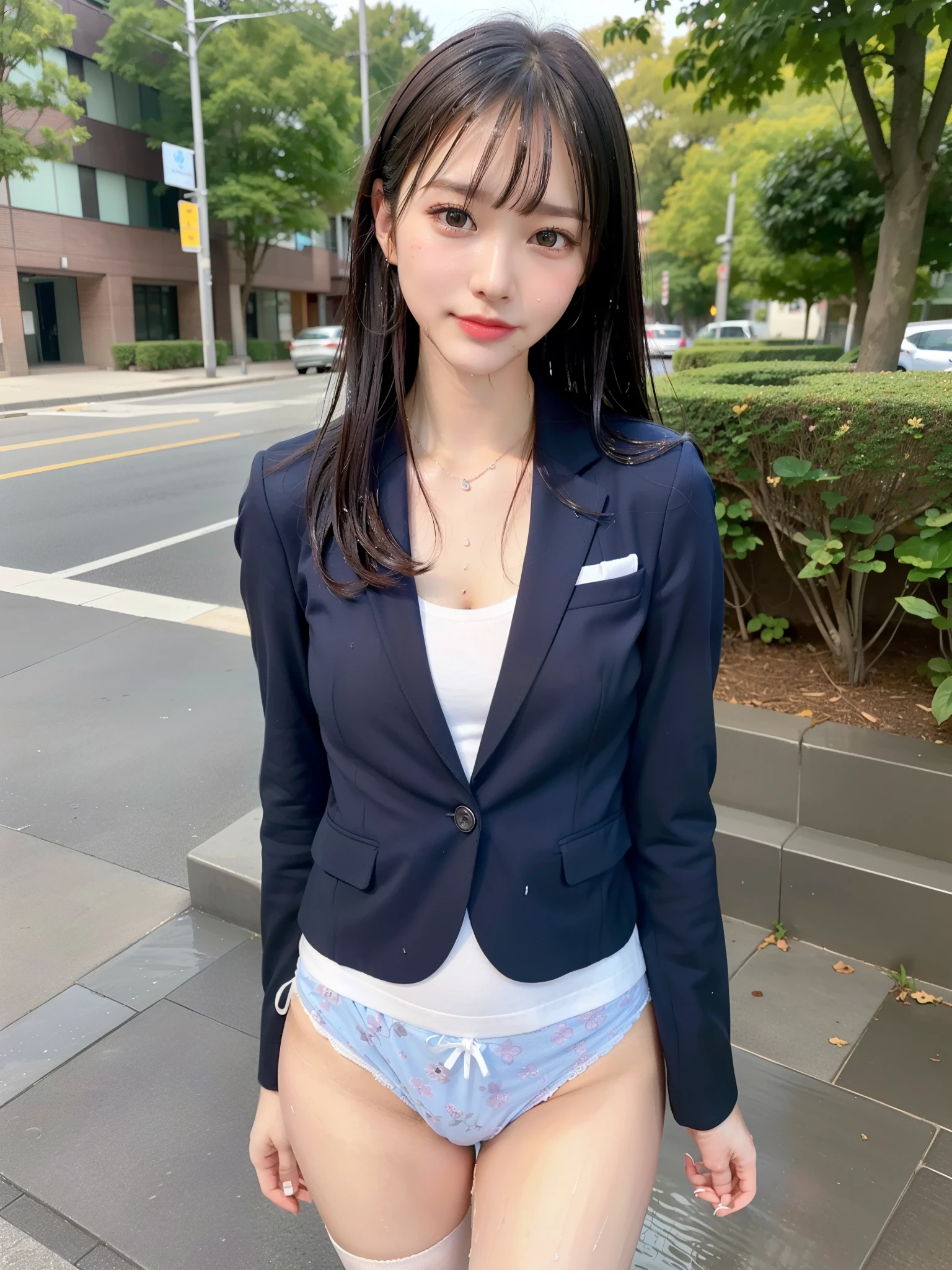 ((Best of the highest quality, 8k, Masterpiece: 1.3, raw photo)), Sharp focus: 1.2, (1 AESPA, slim body type female, 21 y/o: 1.1), (Solo: 1.2), (realistic, photo-realistic:1.37), face focus, cute face, finely eyes, (droopy eyes: 1.32), (Emphasize prominent aegyo-sal with bright: 1.2), shimmering eyeshadow applied under the lower lash line, paired with thick, (from behind: 1.16), (small breasts, flat chest, updo, Thigh: 1.3), (short bob, bangs: 1.2), (wearing blazer and shirt of school uniform, panties: 1.32), walking in the pool, sun light, flower